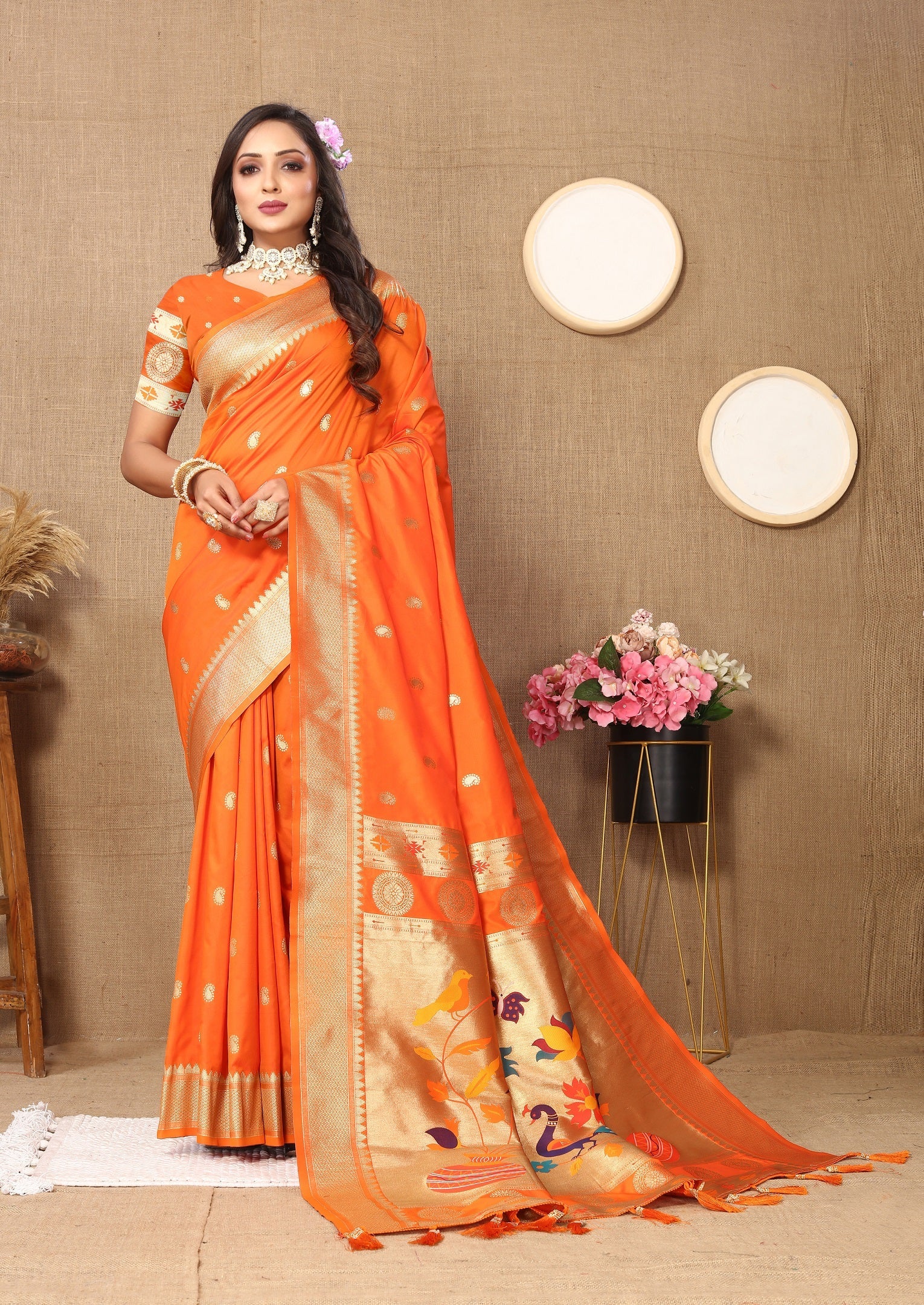 Vedant Vastram Orange Color Paithani Silk Saree - Orange