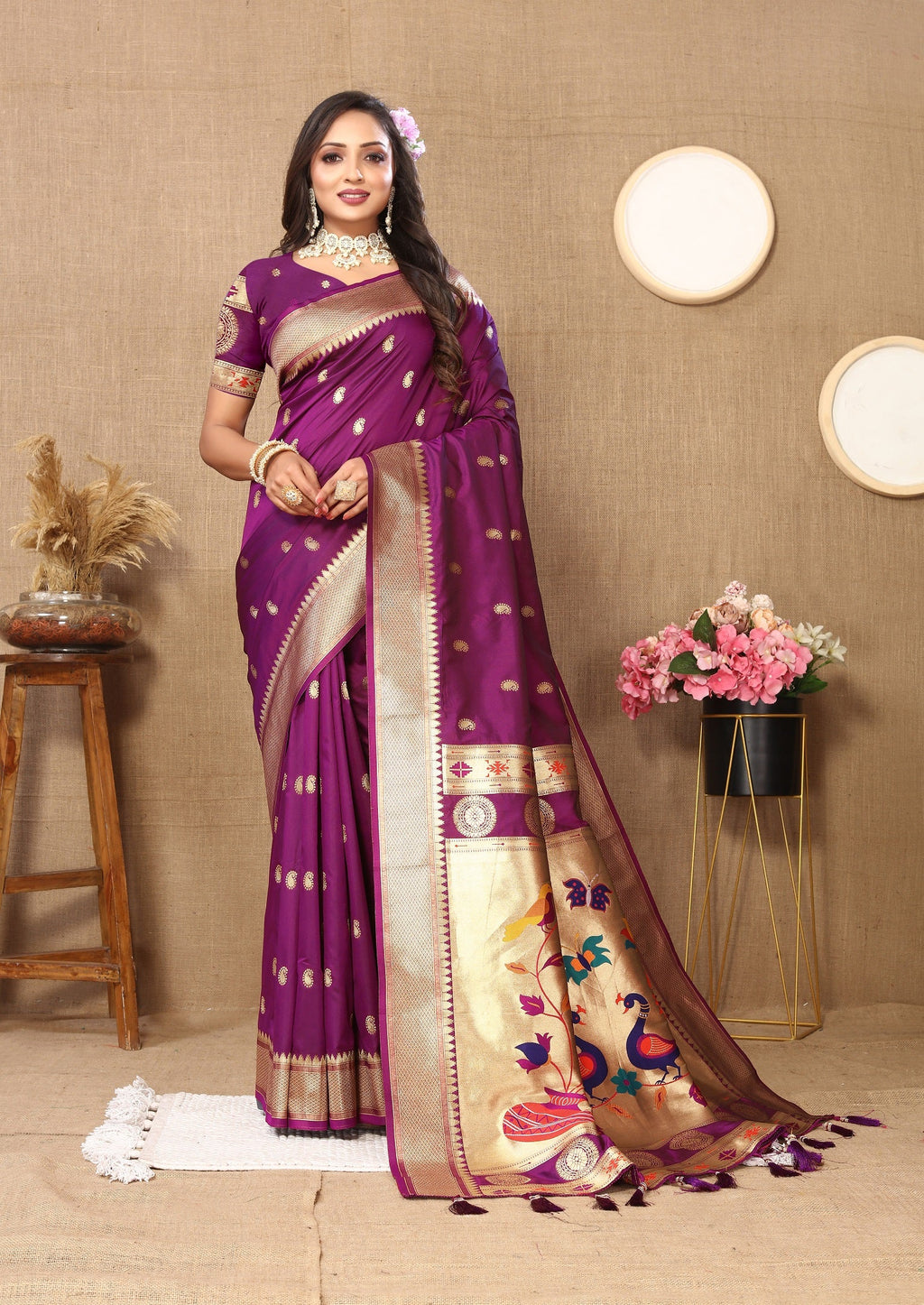Vedant Vastram Purple Color Paithani Silk Saree - Purple