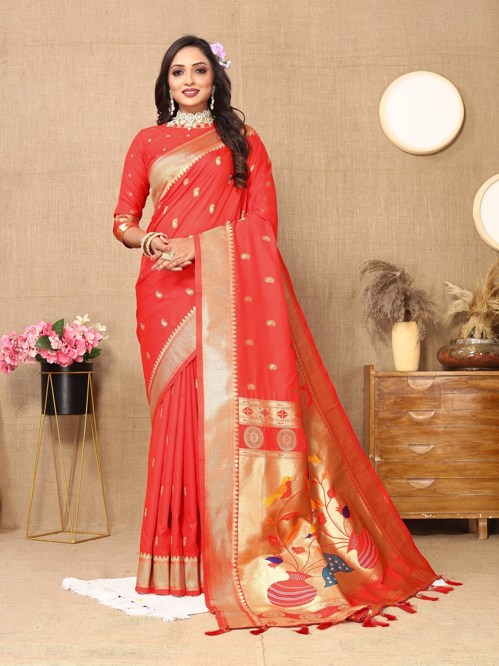 Vedant Vastram Red Color Paithani Silk Saree - Red