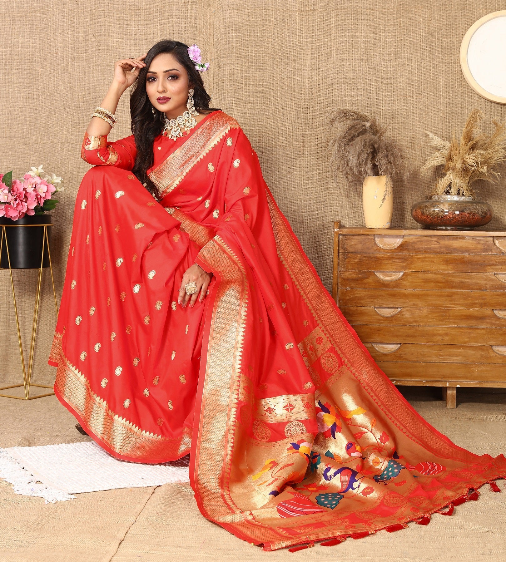 Vedant Vastram Red Color Paithani Silk Saree - Red