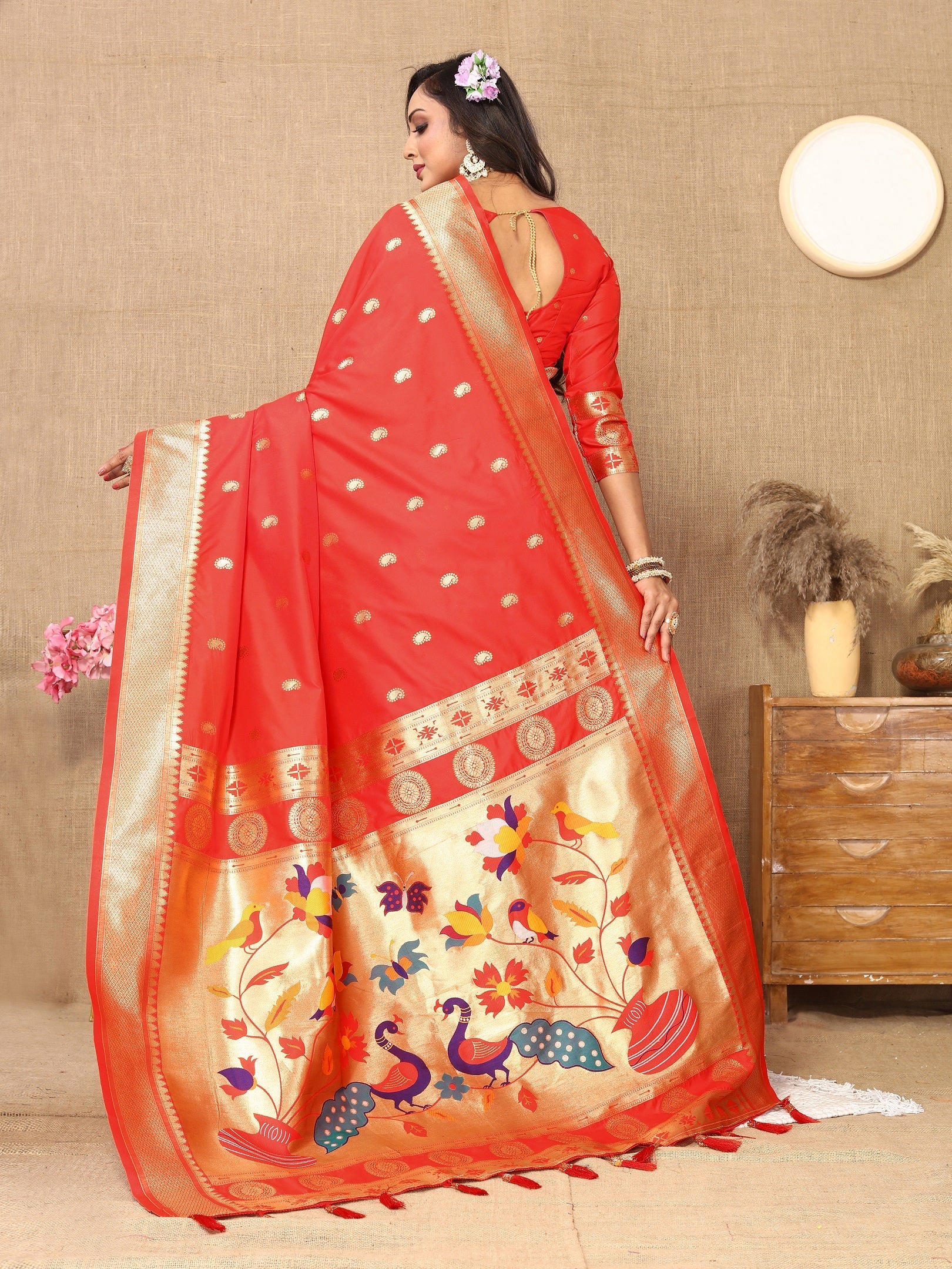 Vedant Vastram Red Color Paithani Silk Saree - Red