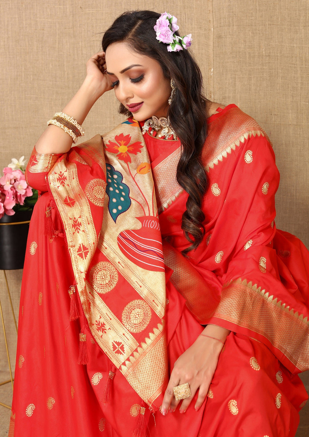 Vedant Vastram Red Color Paithani Silk Saree - Red