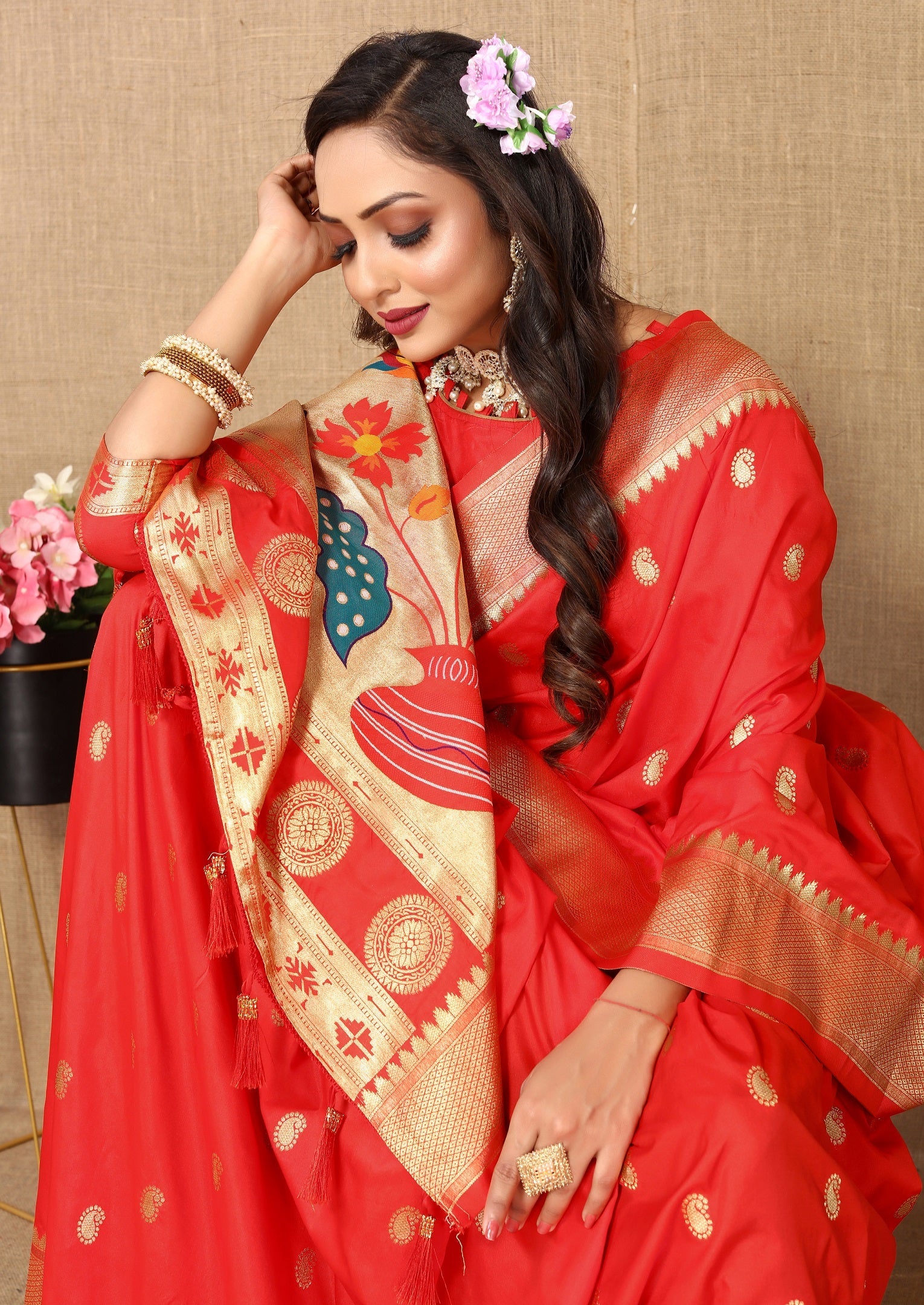 Vedant Vastram Red Color Paithani Silk Saree - Red