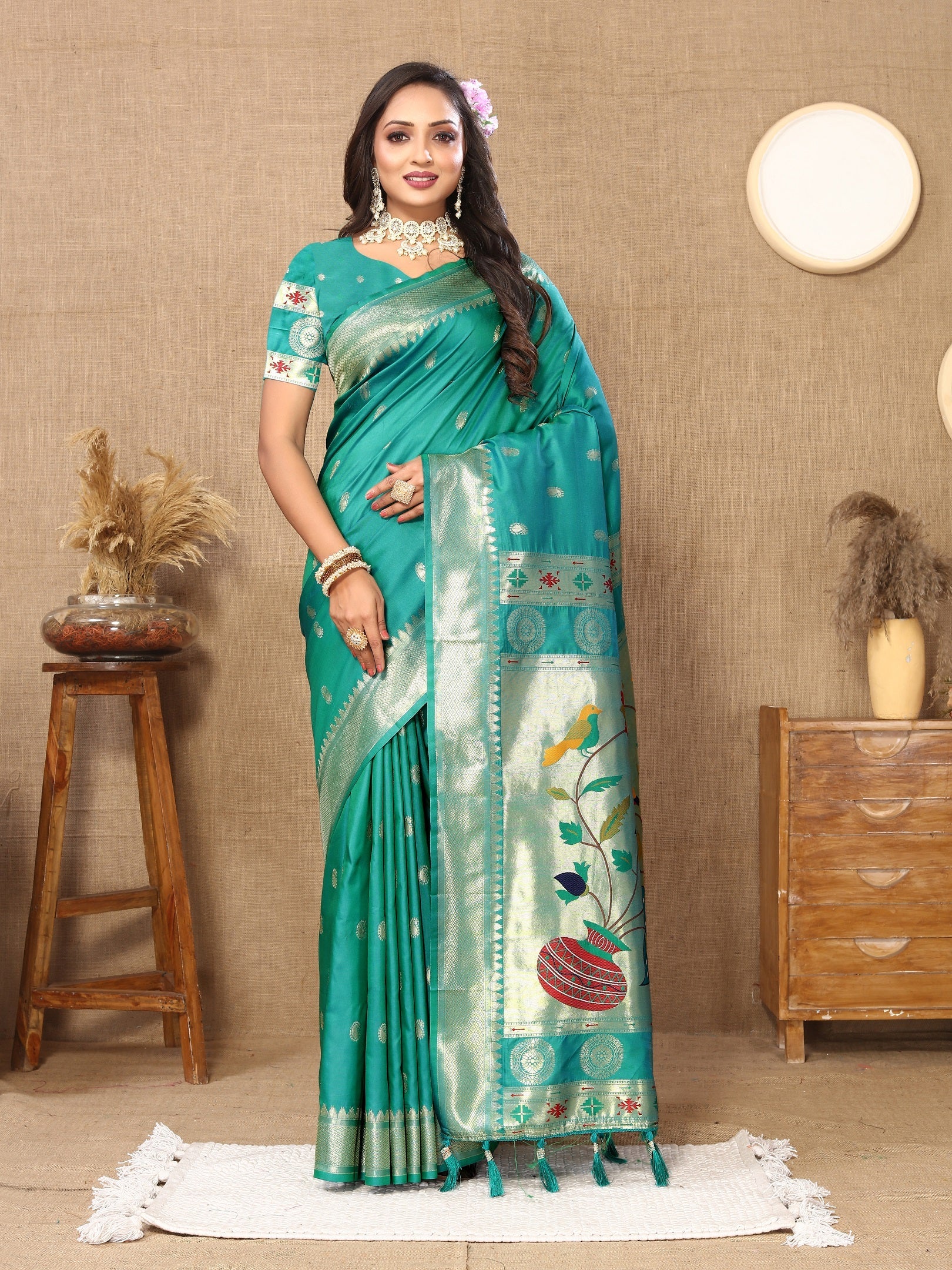 Vedant Vastram See Green Color Paithani Silk Saree - See Green