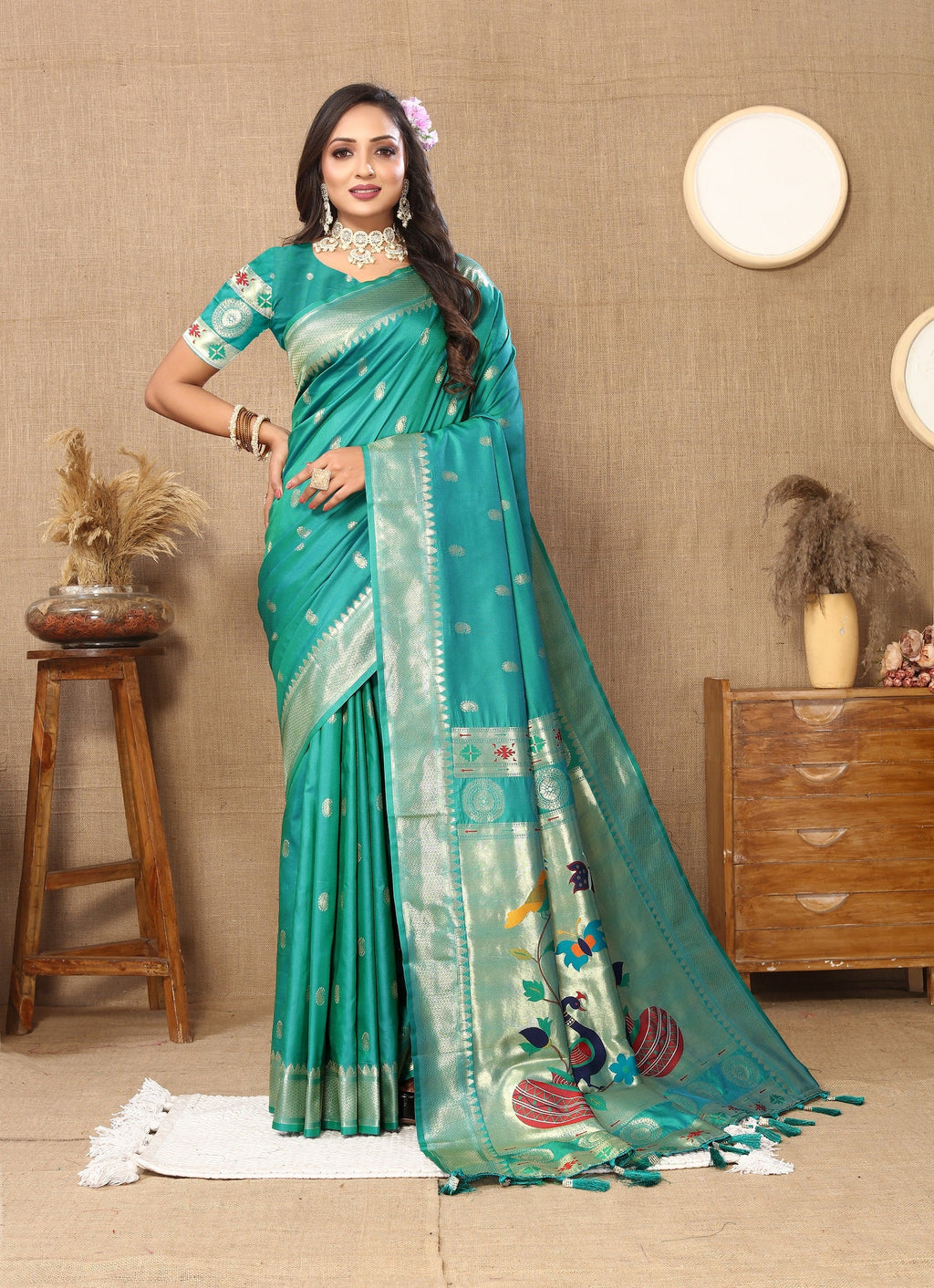 Vedant Vastram See Green Color Paithani Silk Saree - See Green