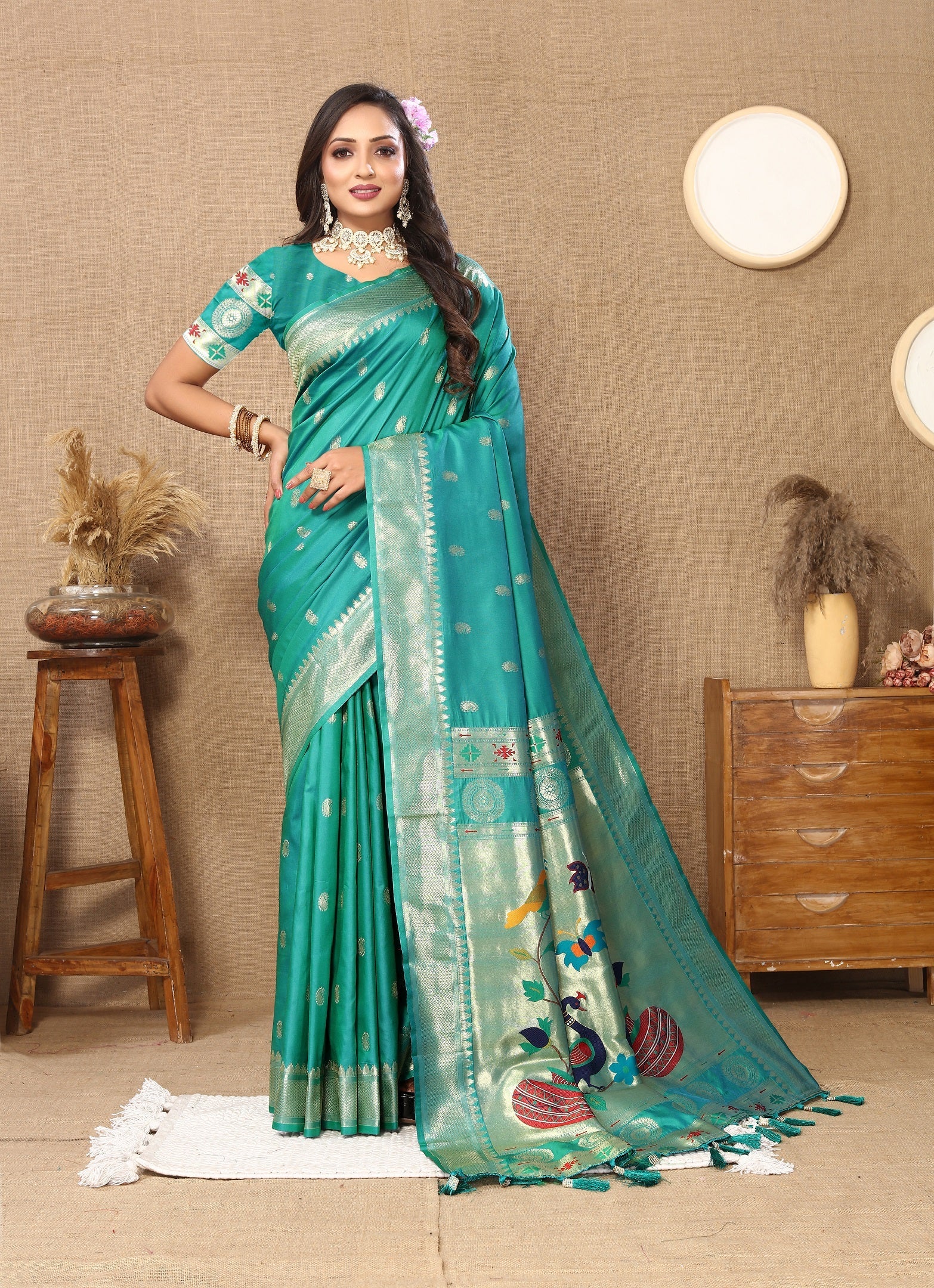 Vedant Vastram See Green Color Paithani Silk Saree - See Green
