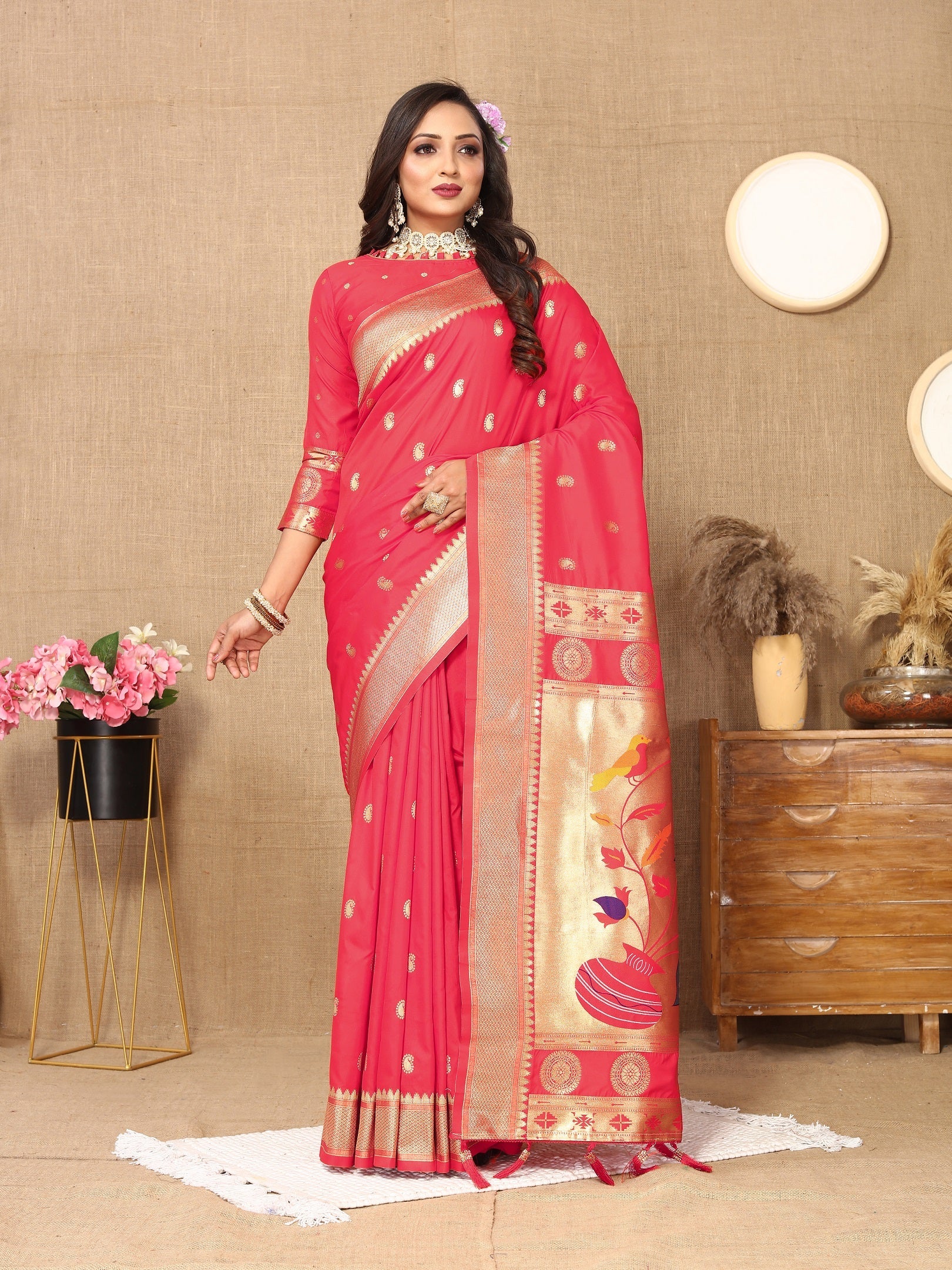 Vedant Vastram Tomato Color Paithani Silk Saree - Tomato