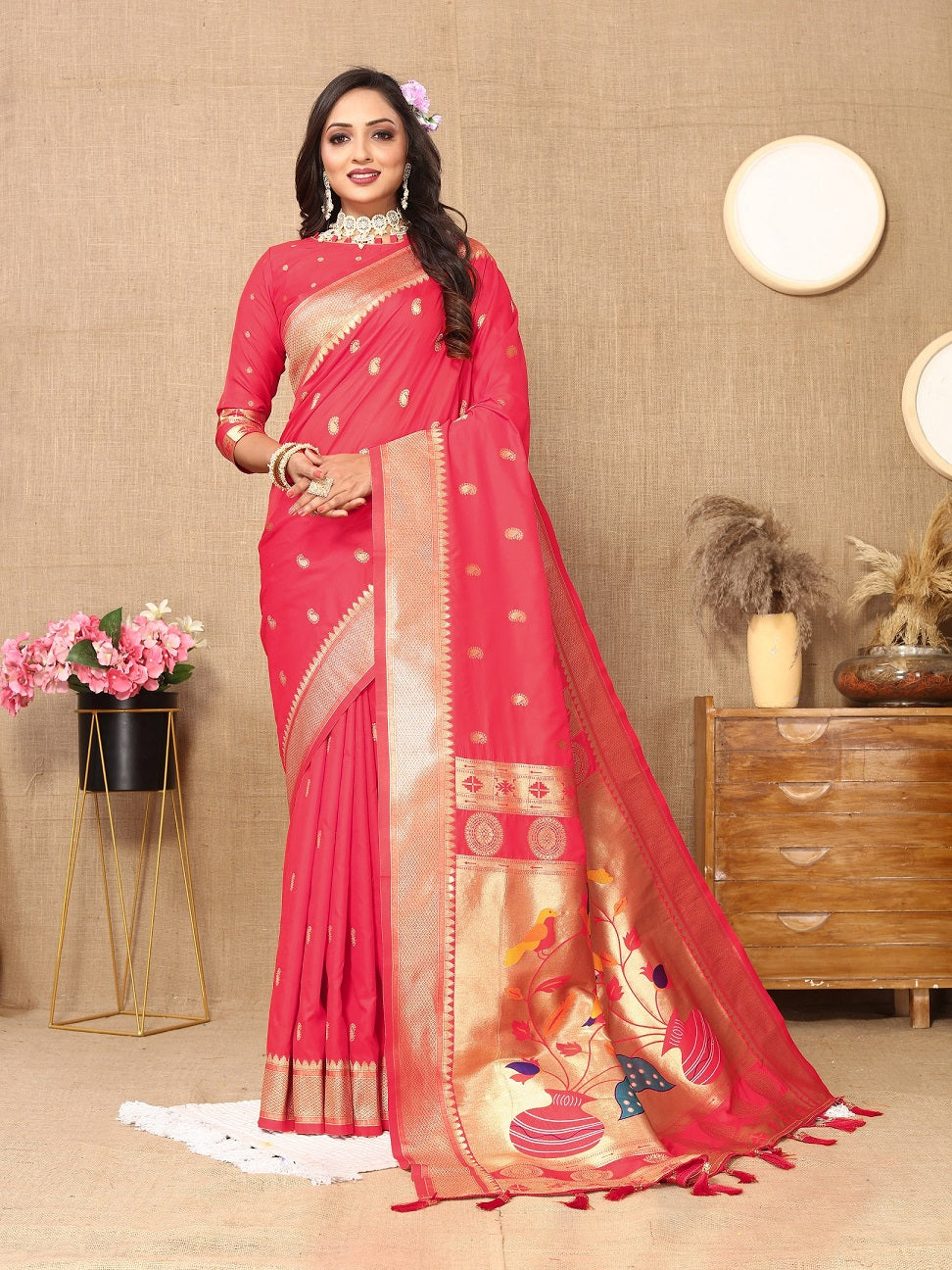Vedant Vastram Tomato Color Paithani Silk Saree - Tomato