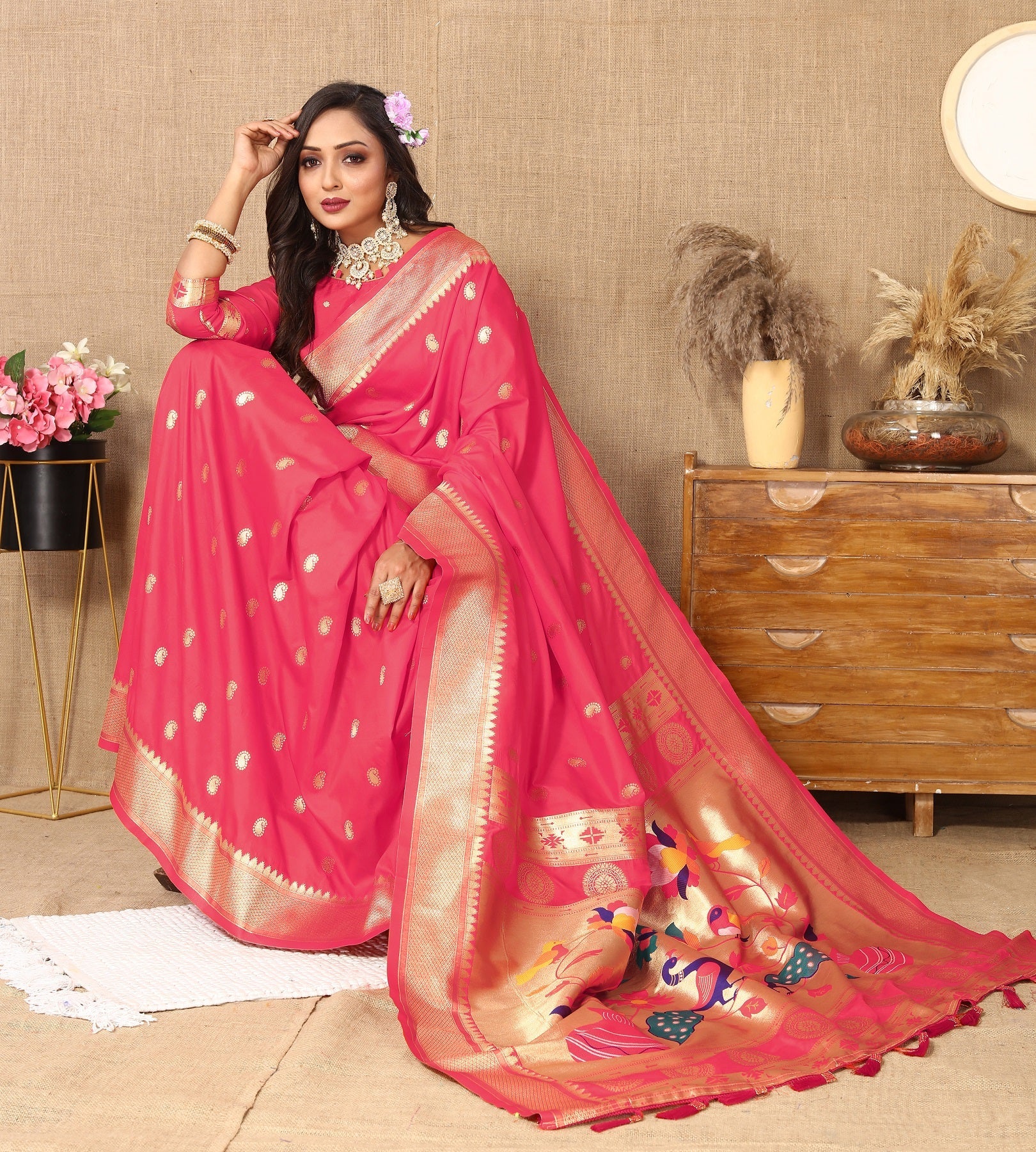 Vedant Vastram Tomato Color Paithani Silk Saree - Tomato