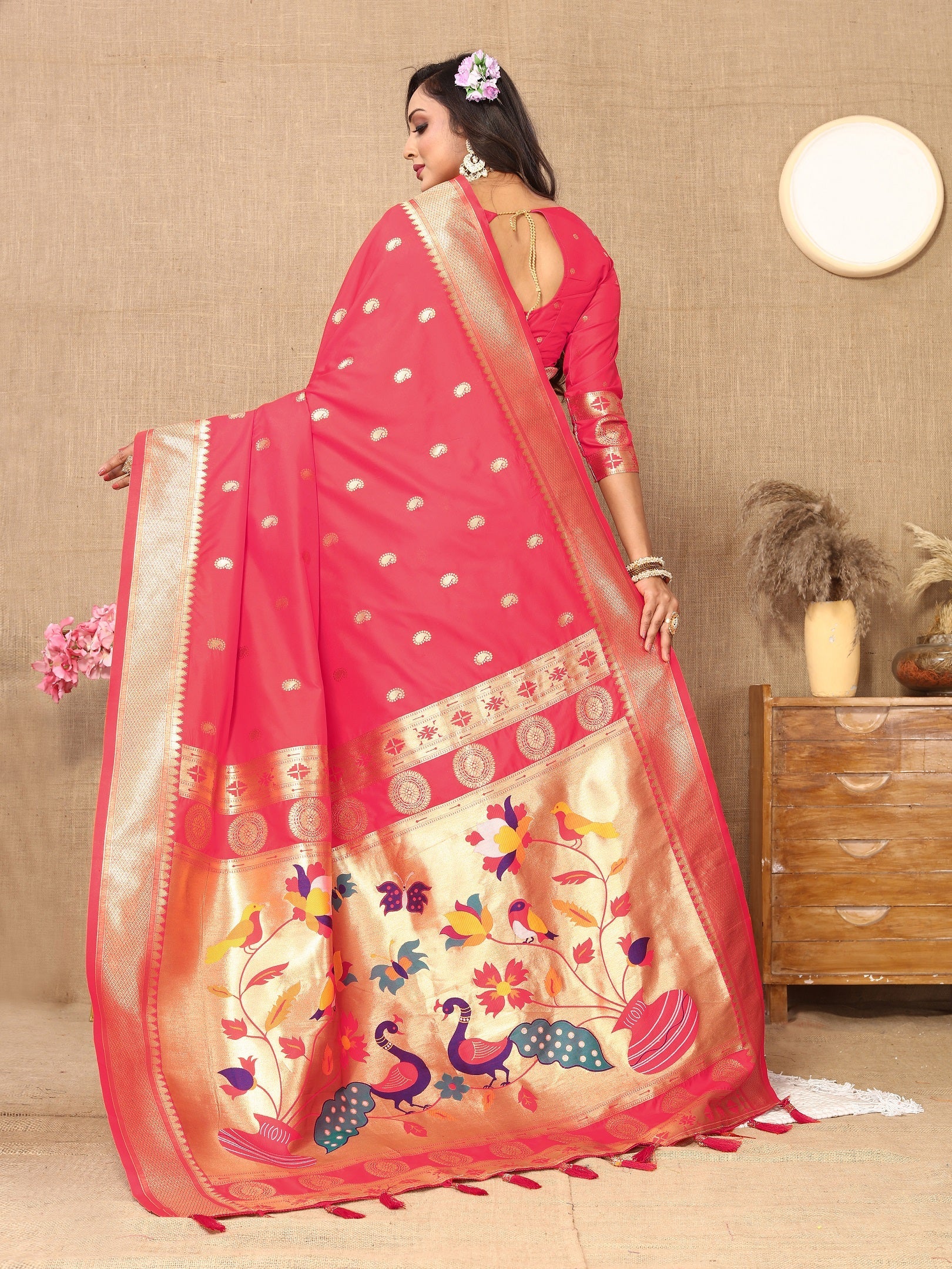 Vedant Vastram Tomato Color Paithani Silk Saree - Tomato