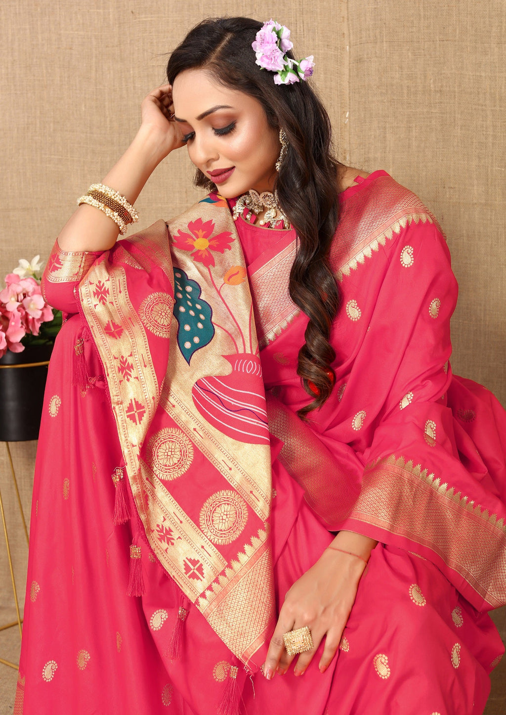 Vedant Vastram Tomato Color Paithani Silk Saree - Tomato