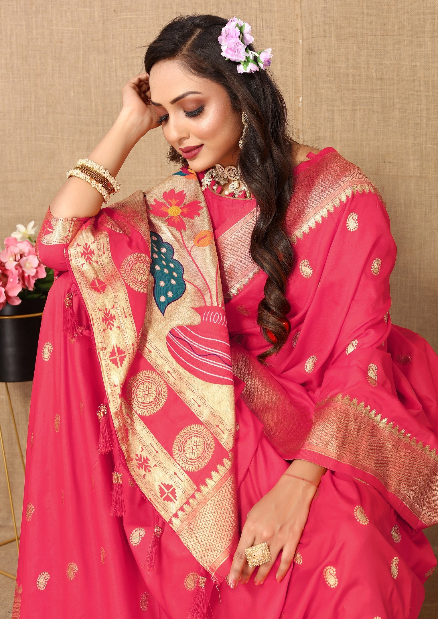 Vedant Vastram Tomato Color Paithani Silk Saree - Tomato