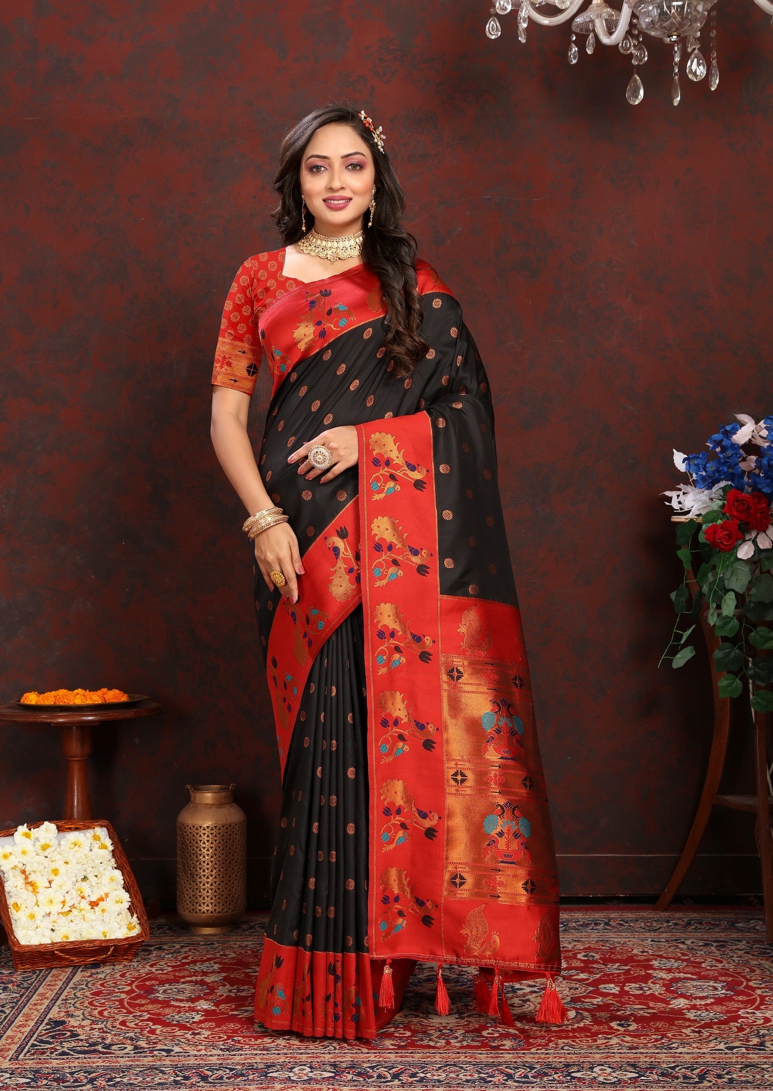 Vedant Vastram Black Color Paithani Silk Saree - Black