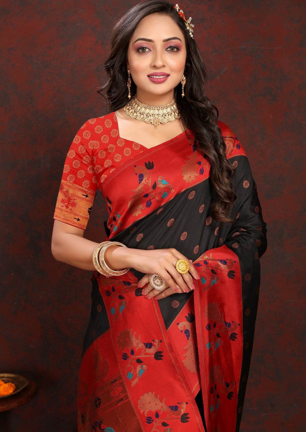 Vedant Vastram Black Color Paithani Silk Saree - Black