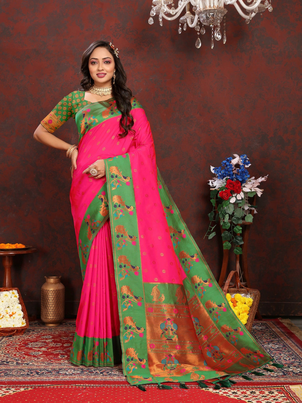 Vedant Vastram Pink Color Paithani Silk Saree - Pink