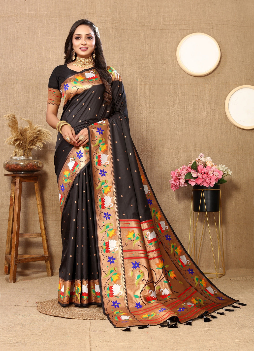 Vedant Vastram Black Color Paithani Silk Saree - Black