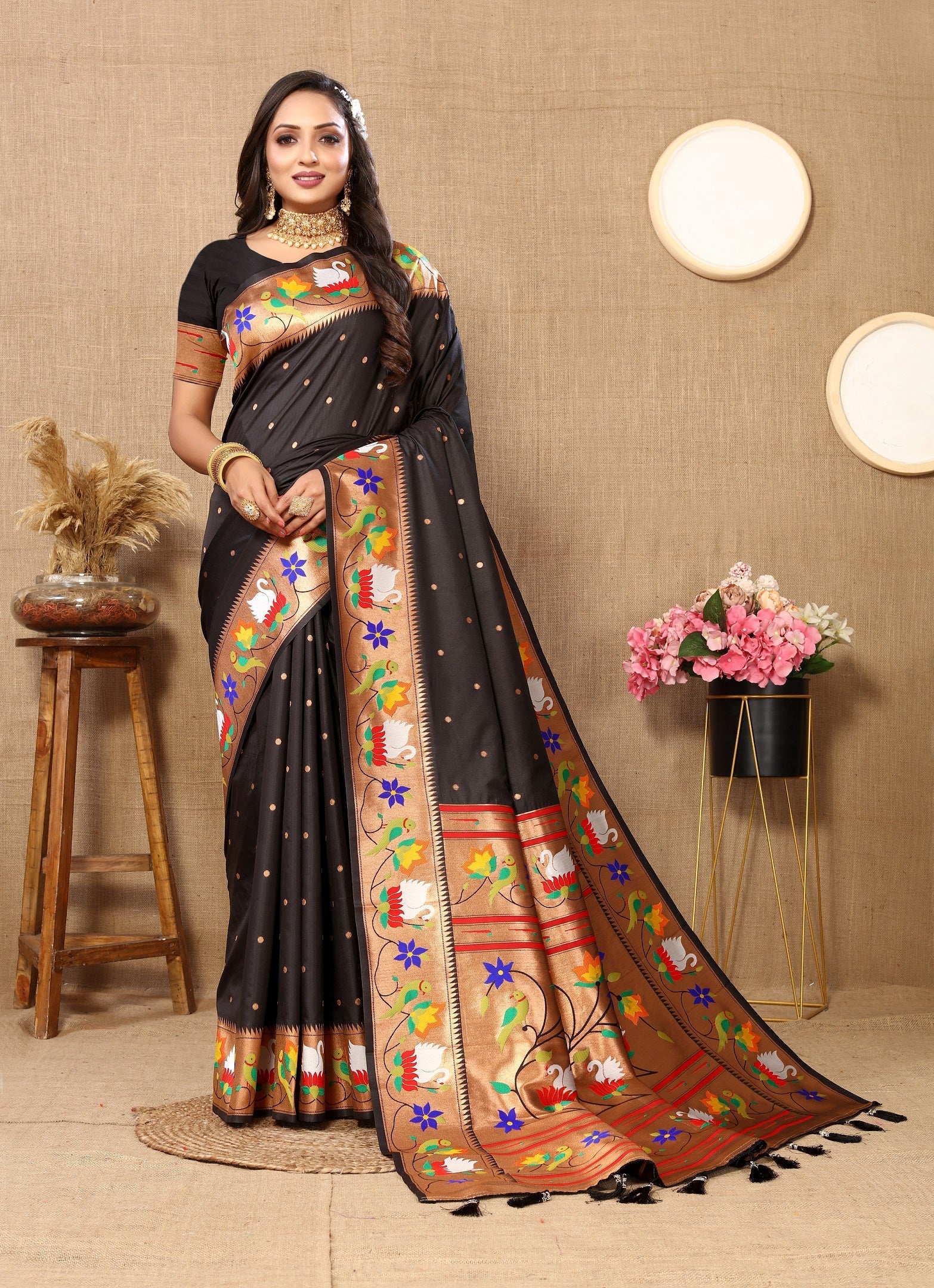 Vedant Vastram Black Color Paithani Silk Saree - Black