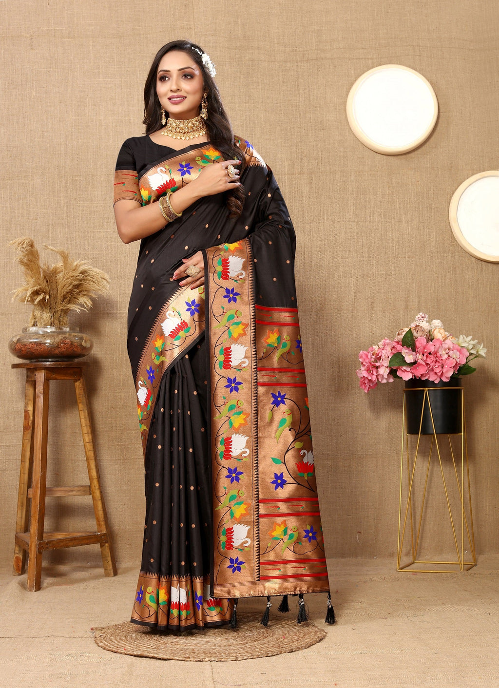 Vedant Vastram Black Color Paithani Silk Saree - Black