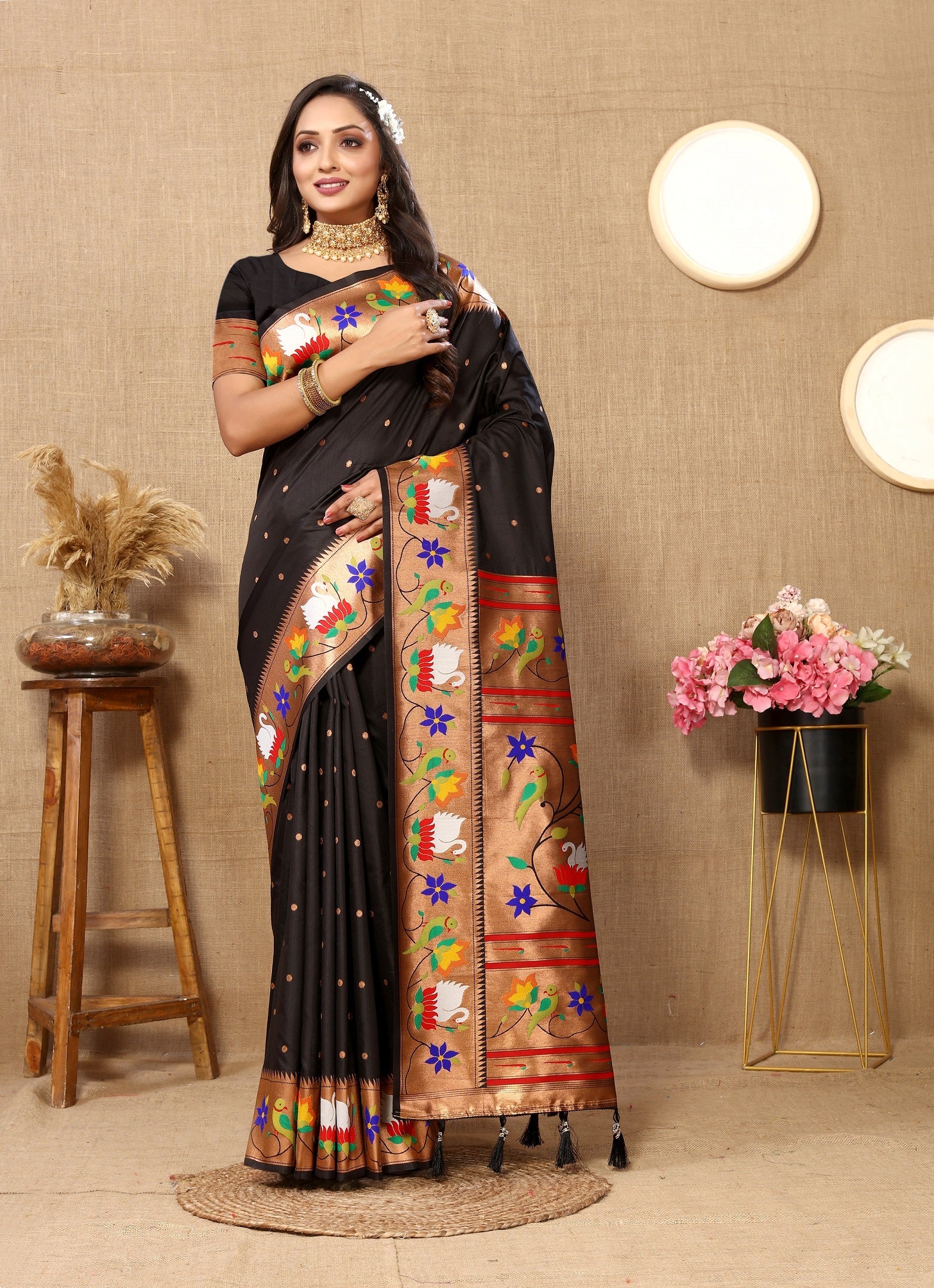 Vedant Vastram Black Color Paithani Silk Saree - Black