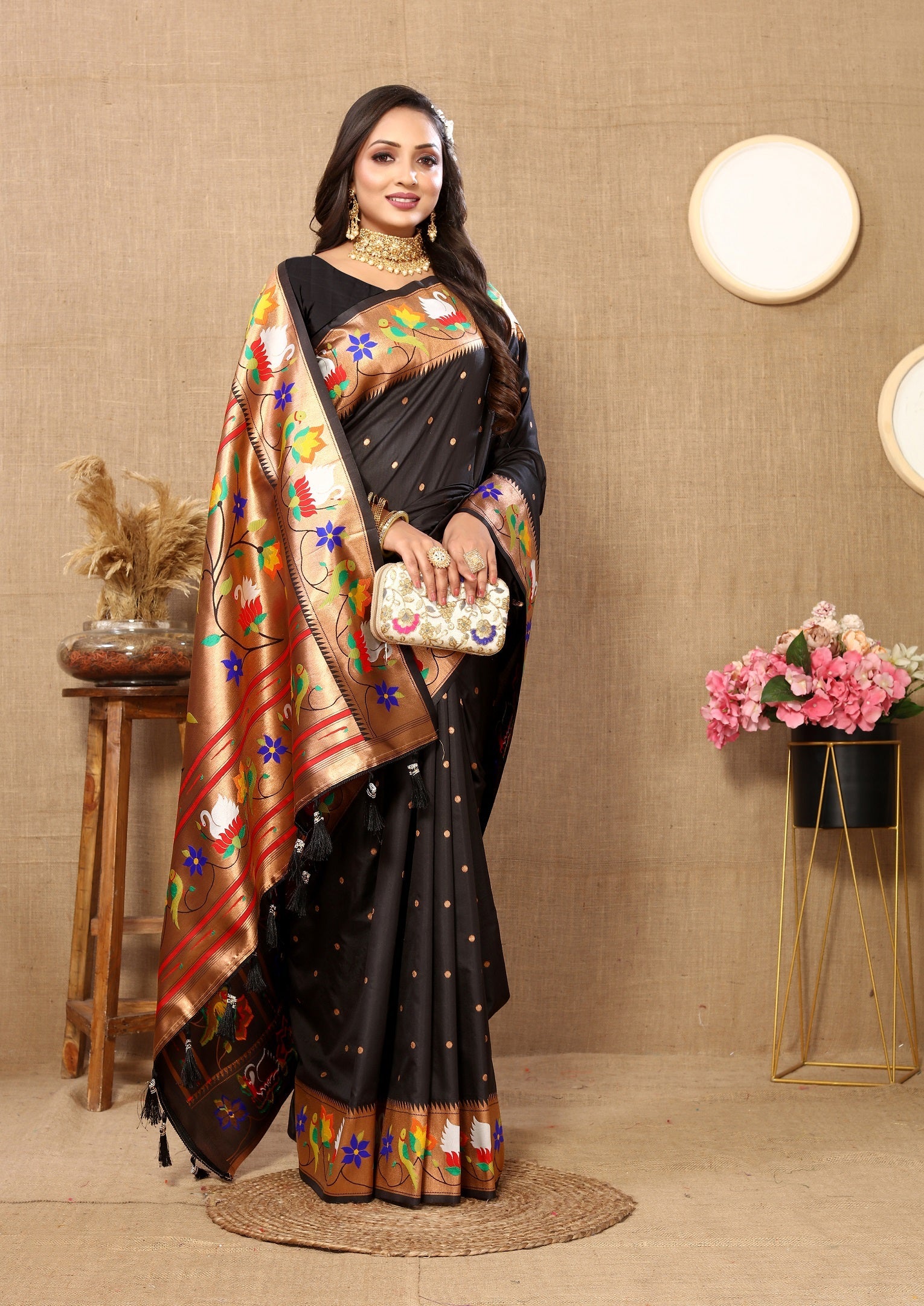 Vedant Vastram Black Color Paithani Silk Saree - Black