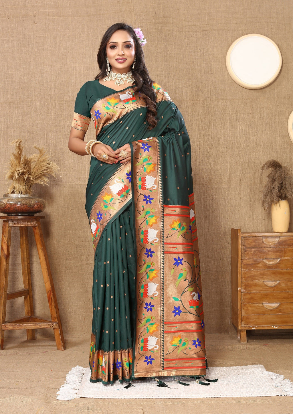 Vedant Vastram Bottle Green Color Paithani Silk Saree - Bottle Green