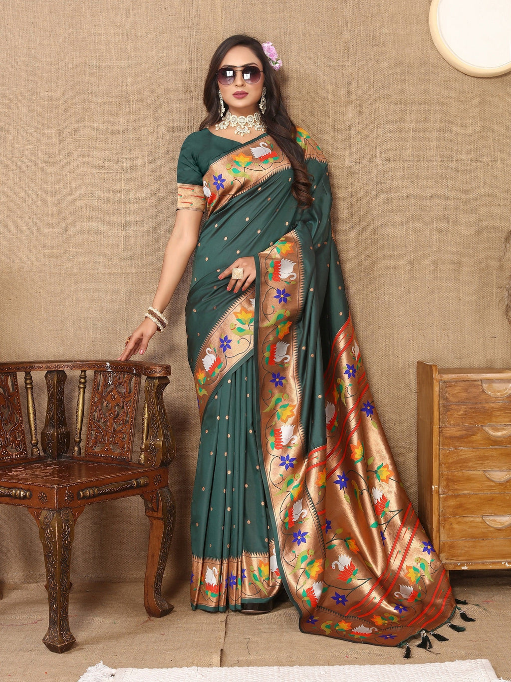 Vedant Vastram Bottle Green Color Paithani Silk Saree - Bottle Green