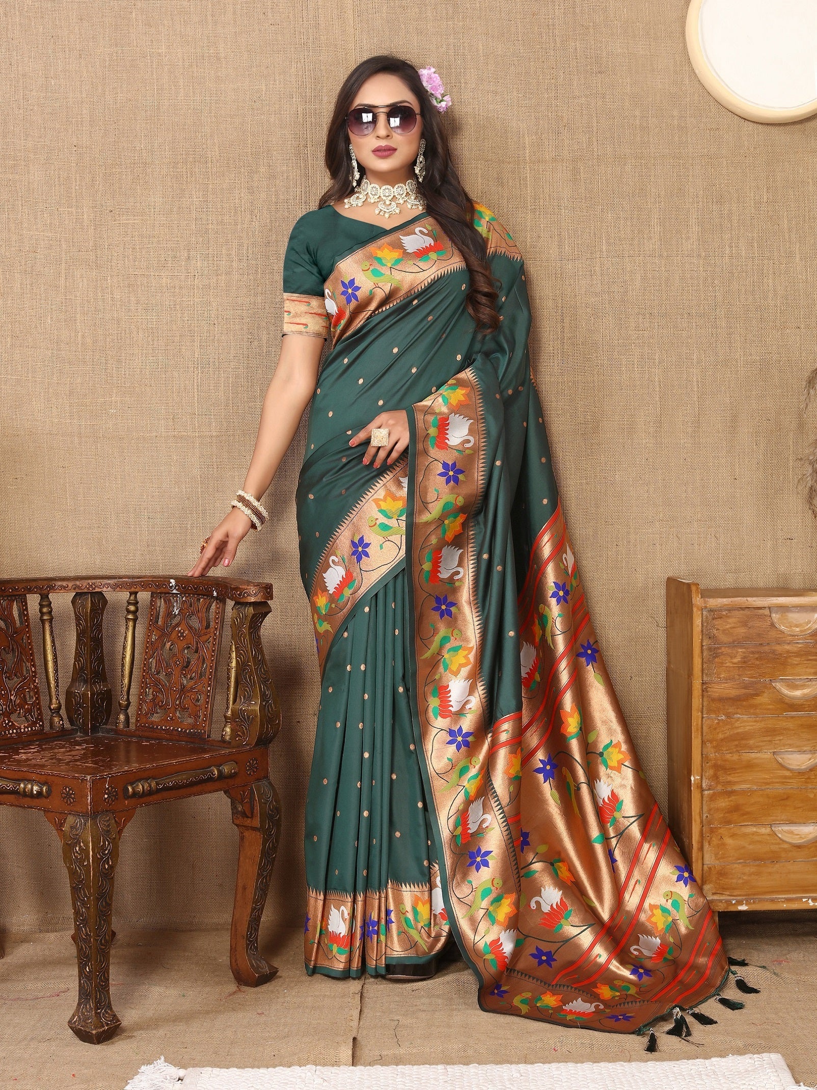 Vedant Vastram Bottle Green Color Paithani Silk Saree - Bottle Green