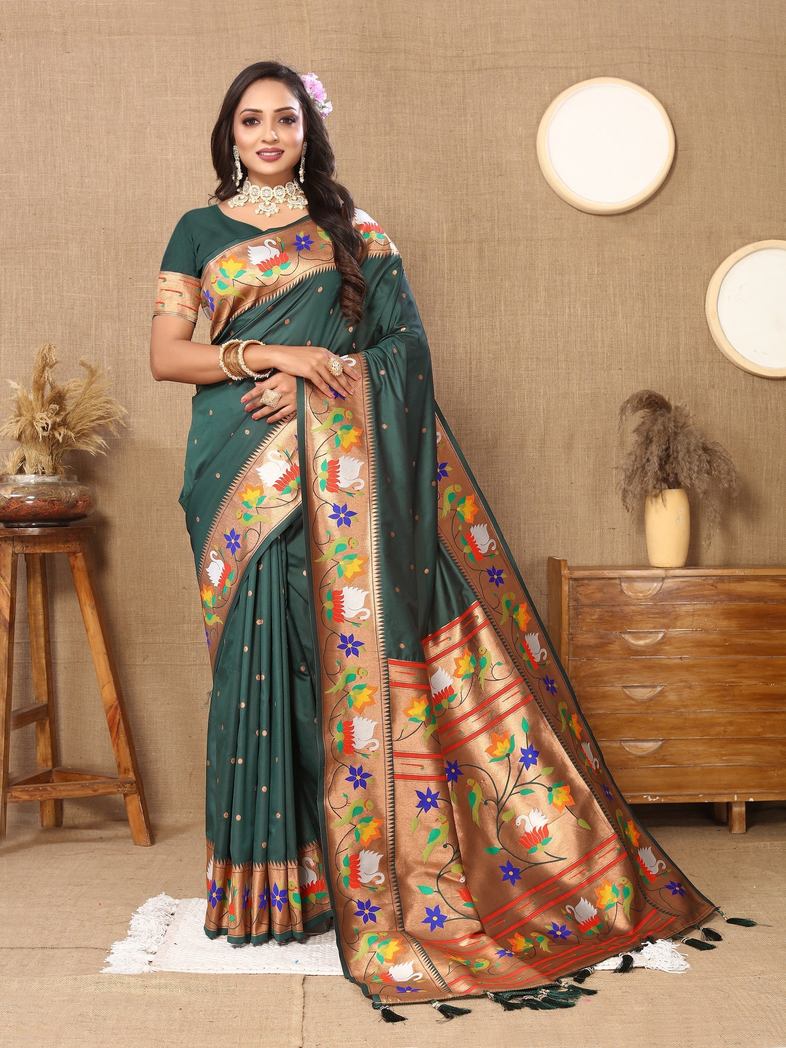 Vedant Vastram Bottle Green Color Paithani Silk Saree - Bottle Green