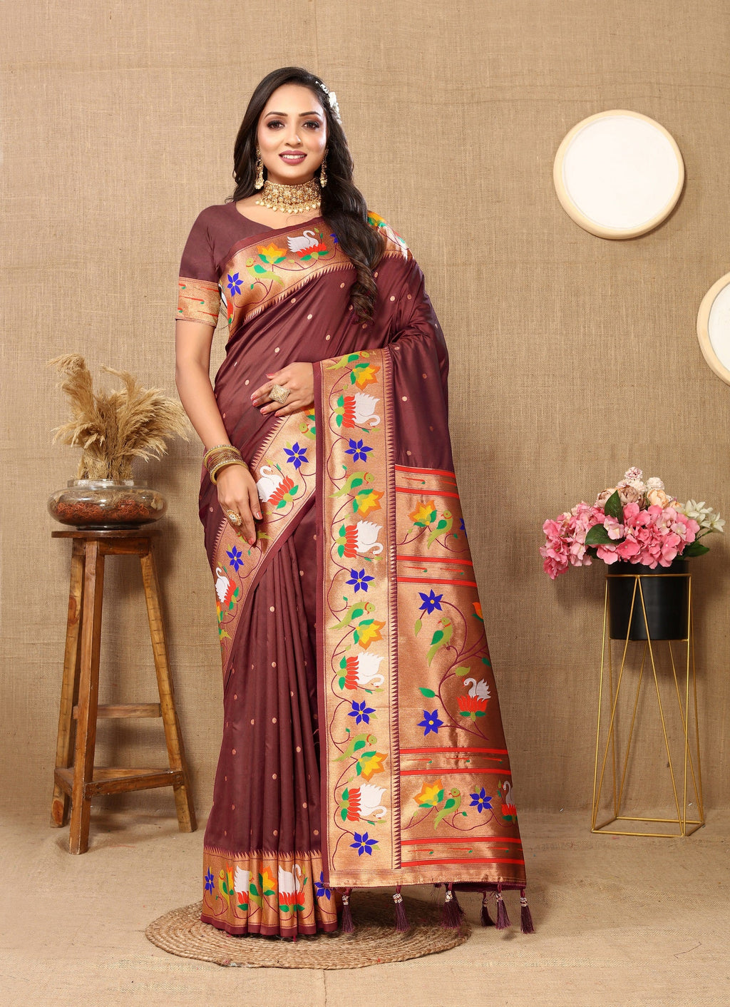 Vedant Vastram Brown Color Paithani Silk Saree - Brown