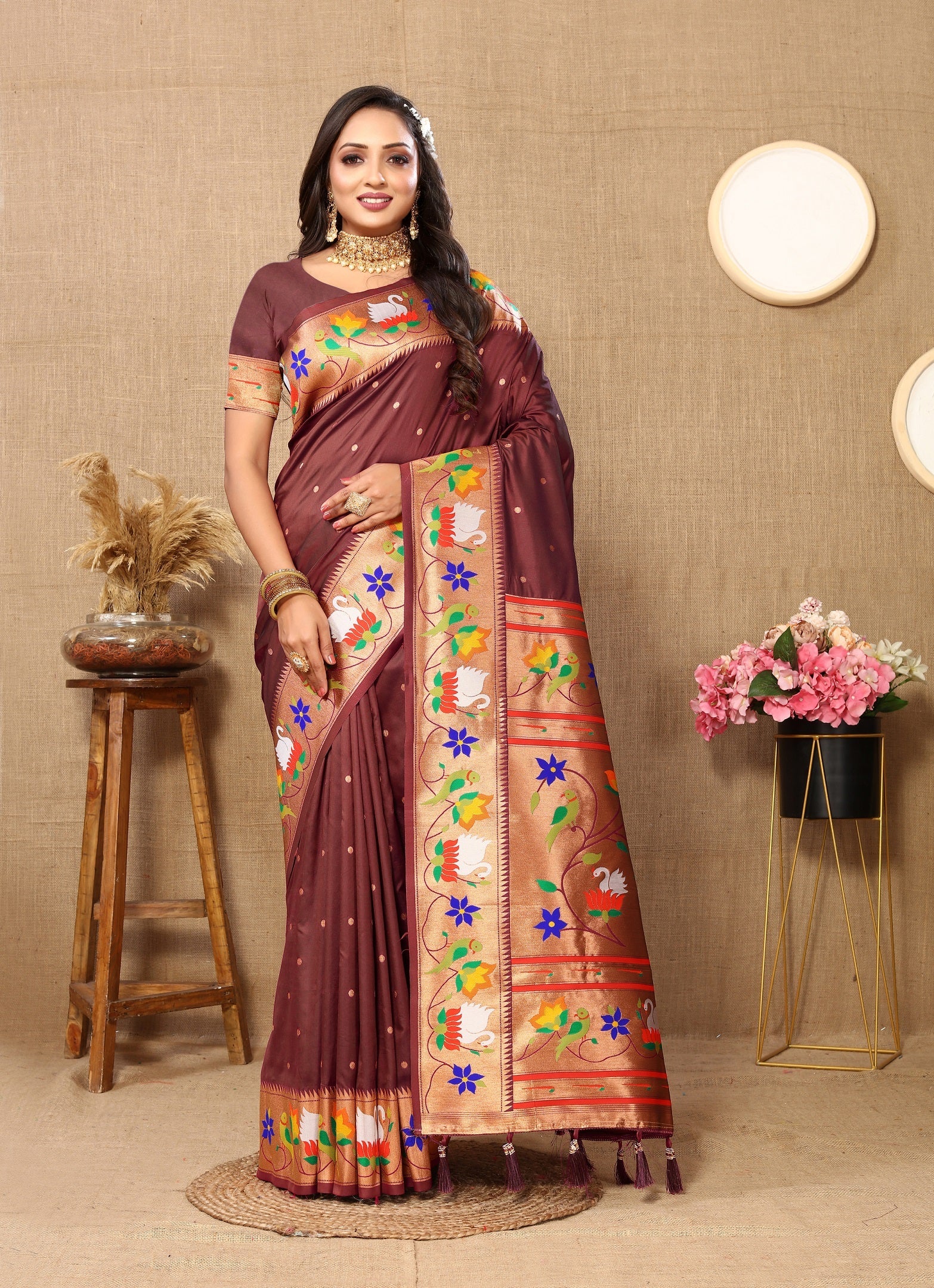 Vedant Vastram Brown Color Paithani Silk Saree - Brown