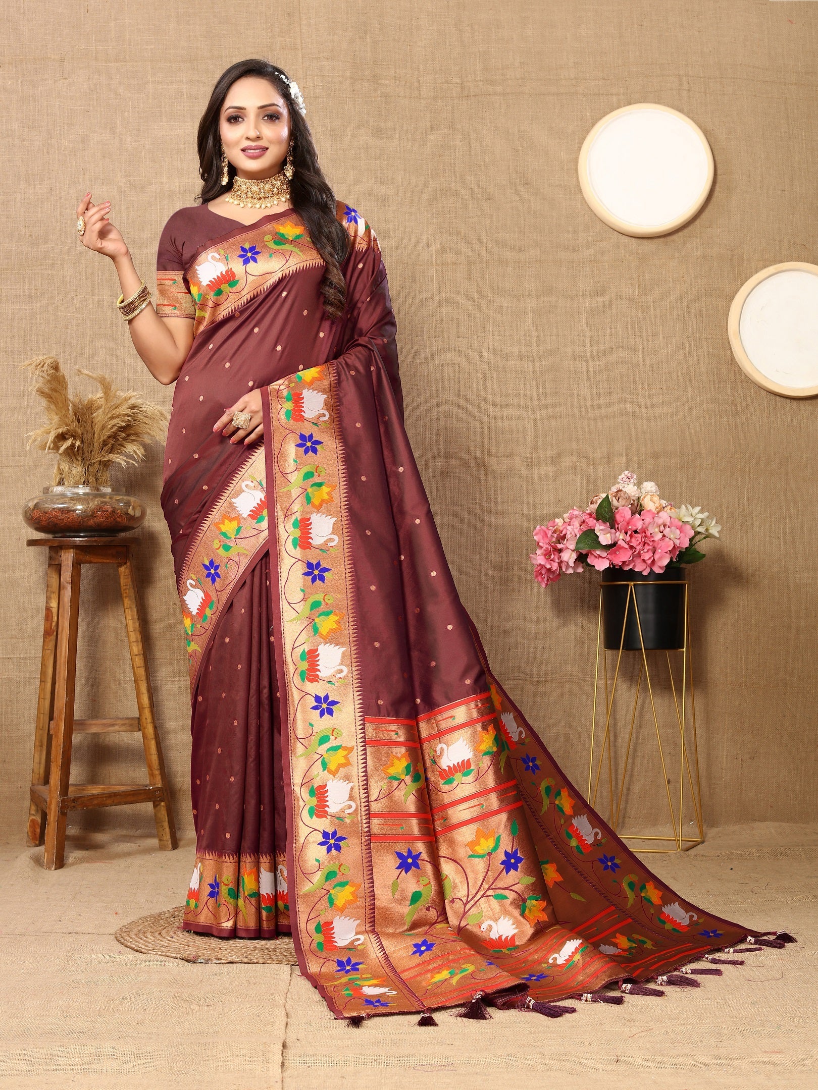 Vedant Vastram Brown Color Paithani Silk Saree - Brown