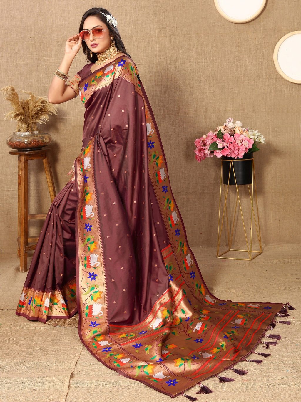 Vedant Vastram Brown Color Paithani Silk Saree - Brown