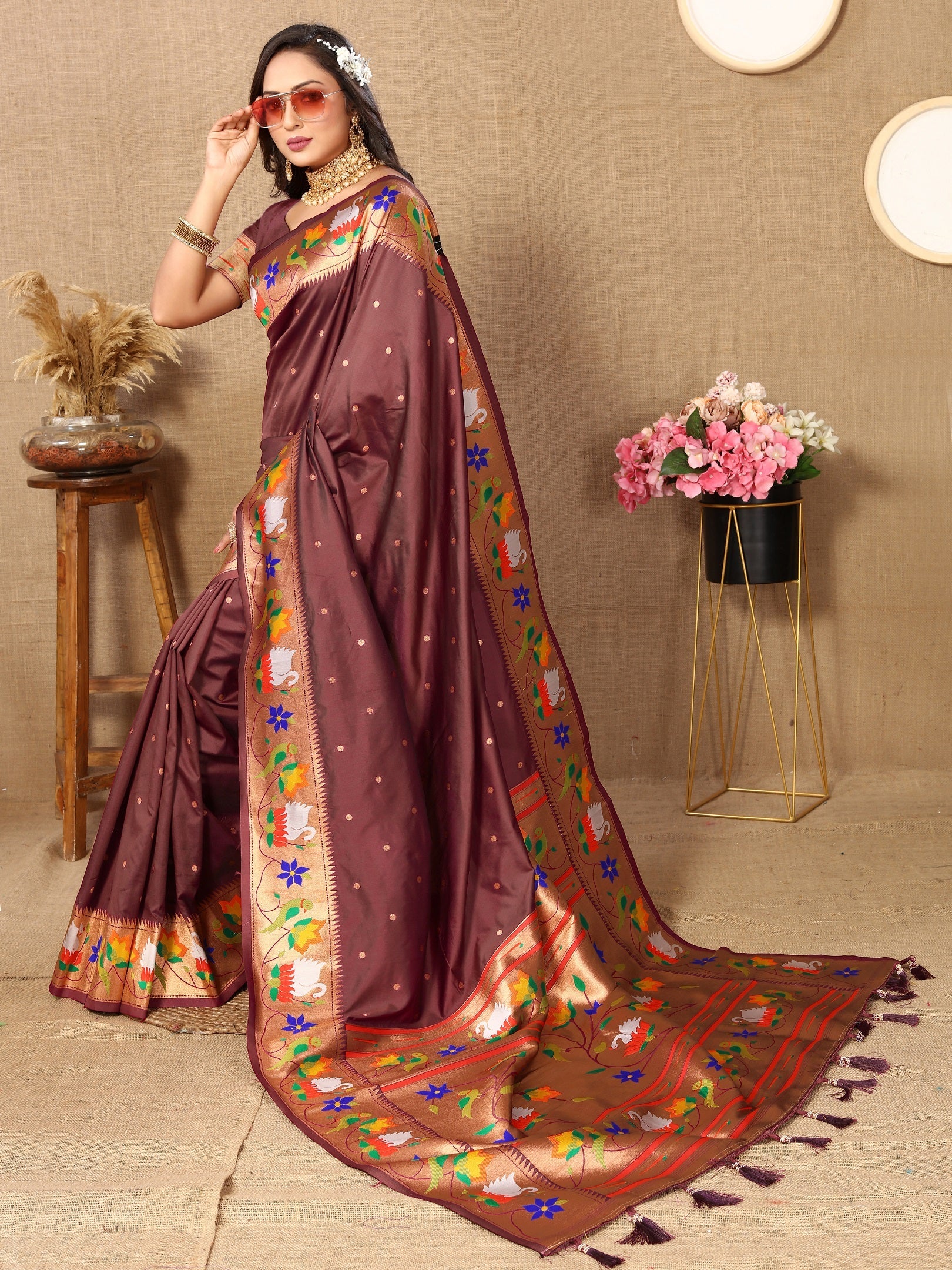 Vedant Vastram Brown Color Paithani Silk Saree - Brown