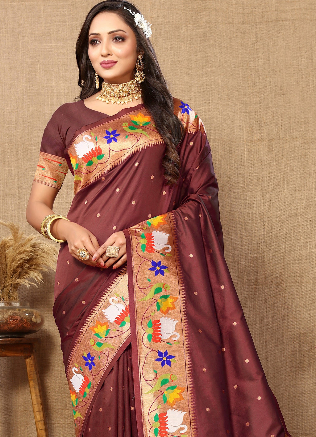 Vedant Vastram Brown Color Paithani Silk Saree - Brown