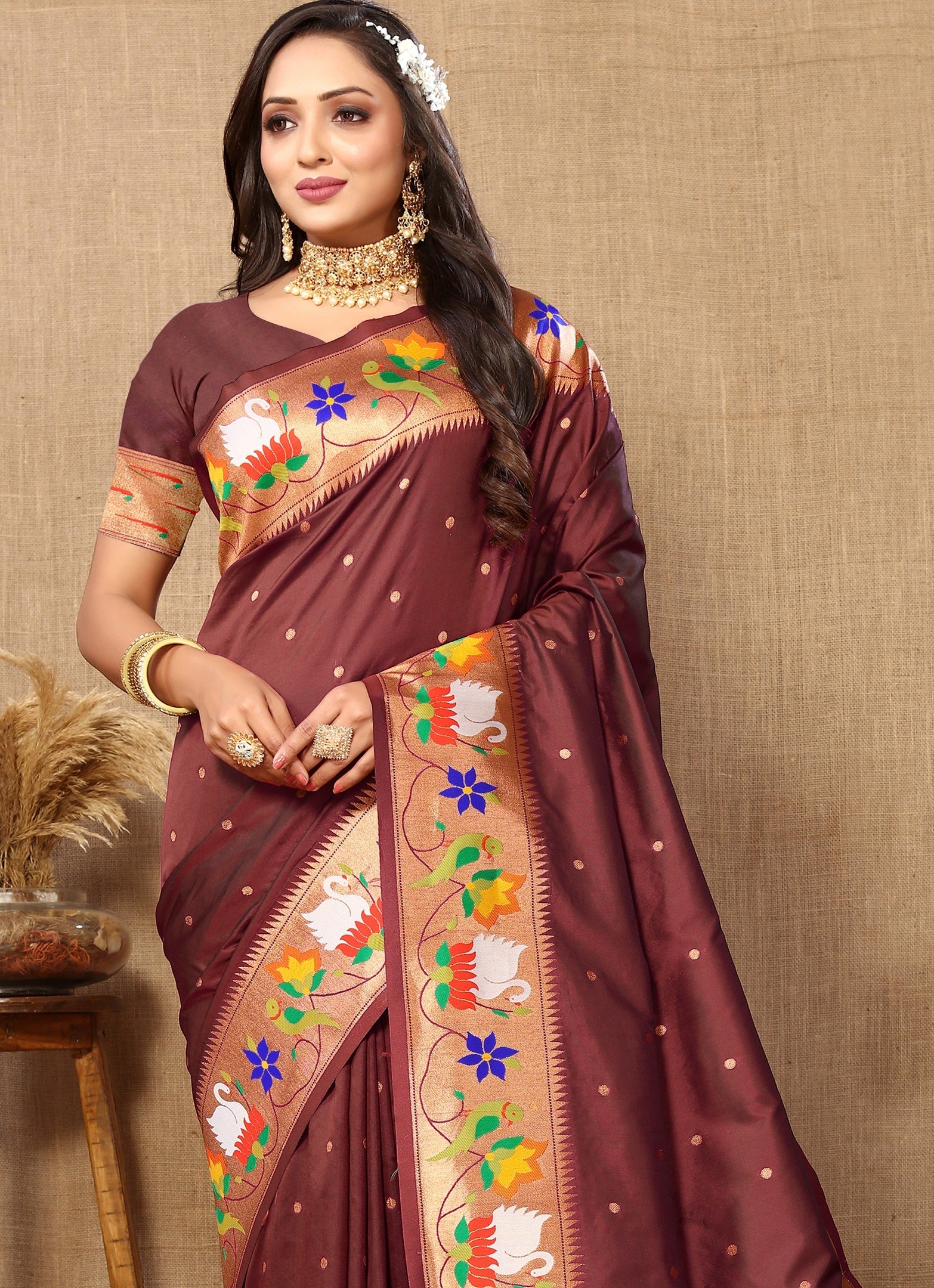 Vedant Vastram Brown Color Paithani Silk Saree - Brown