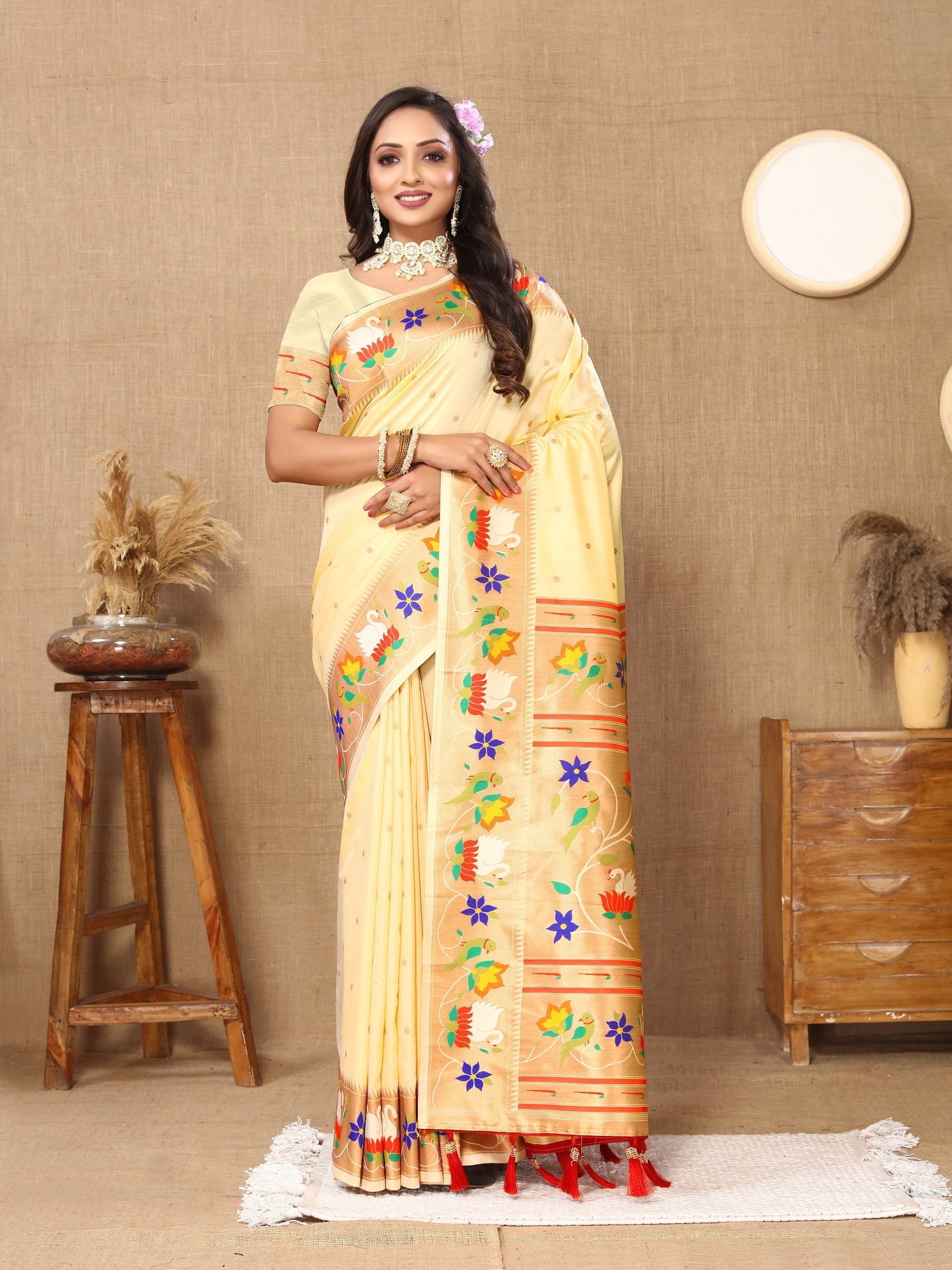 Vedant Vastram Cream Color Paithani Silk Saree - Cream