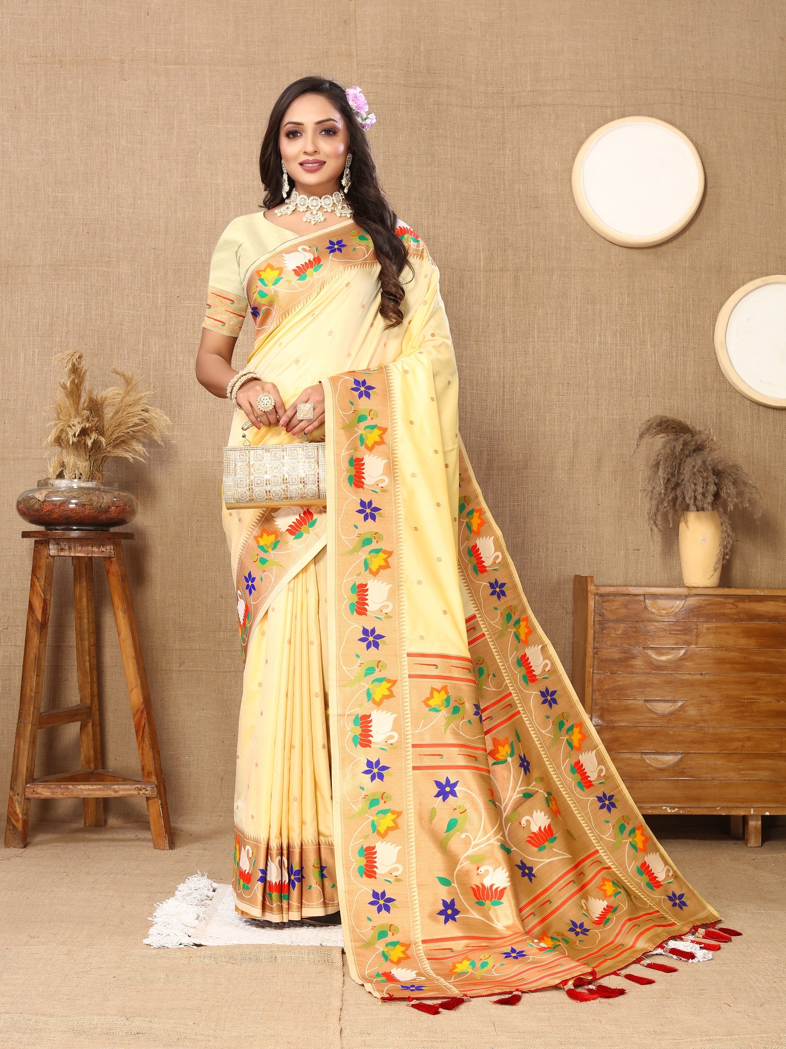 Vedant Vastram Cream Color Paithani Silk Saree - Cream