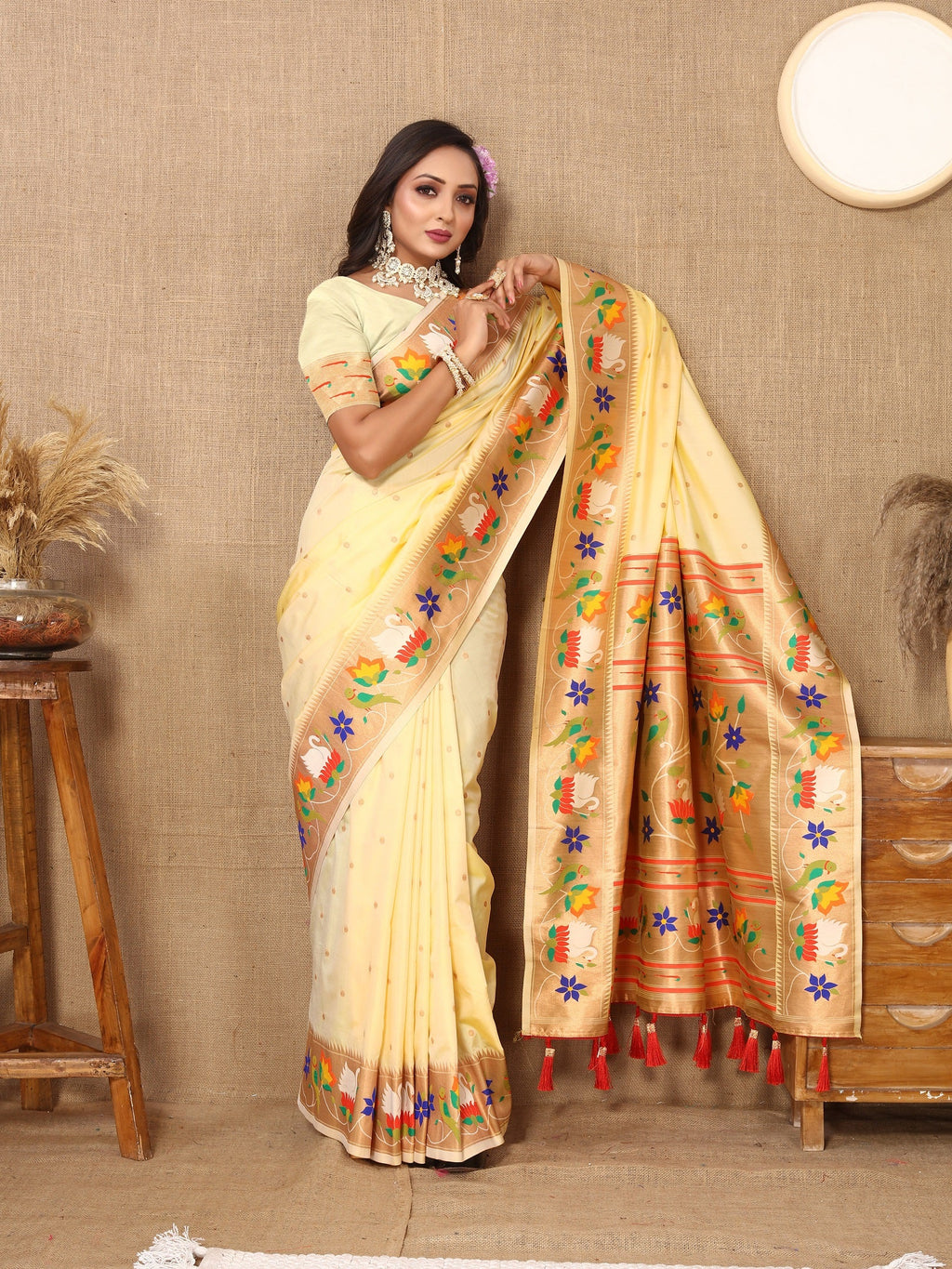 Vedant Vastram Cream Color Paithani Silk Saree - Cream