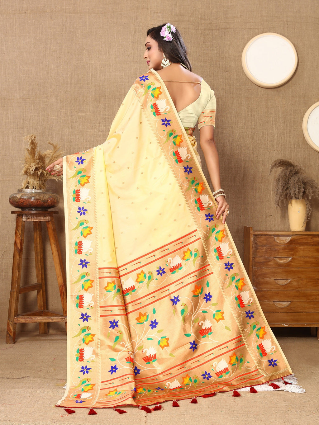 Vedant Vastram Cream Color Paithani Silk Saree - Cream