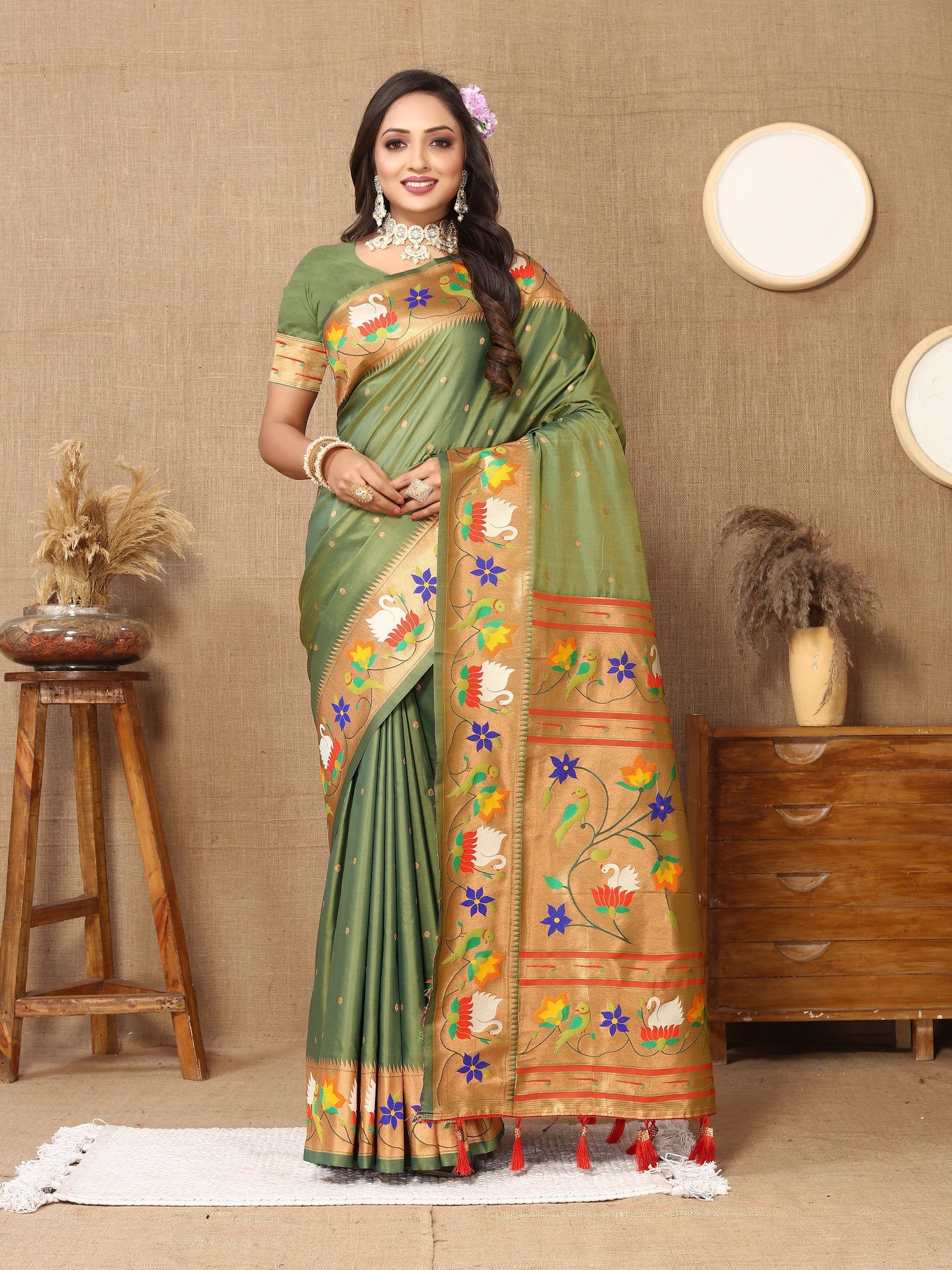 Vedant Vastram Mehndi Color Paithani Silk Saree - Mehndi