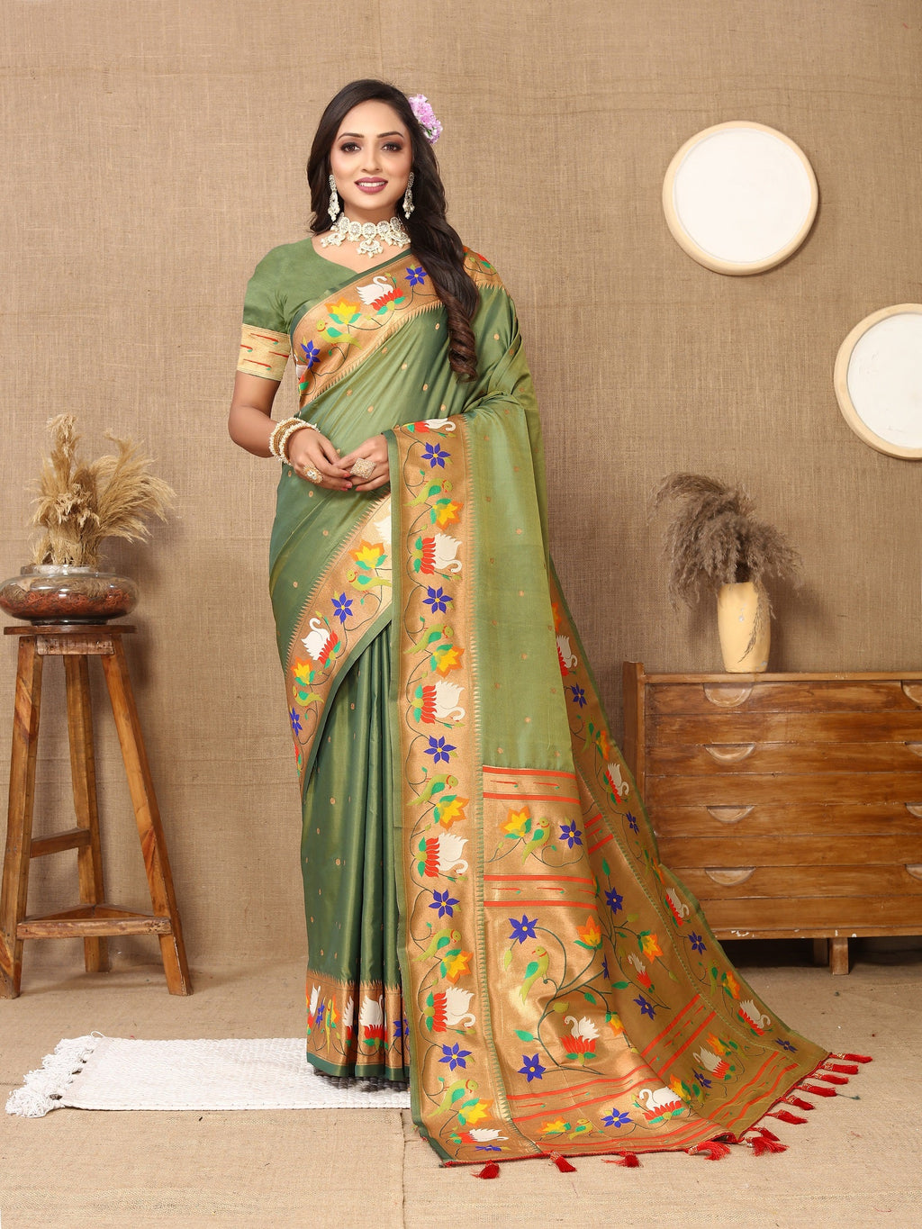 Vedant Vastram Mehndi Color Paithani Silk Saree - Mehndi