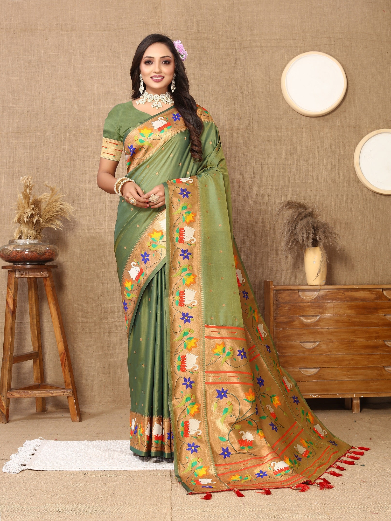 Vedant Vastram Mehndi Color Paithani Silk Saree - Mehndi