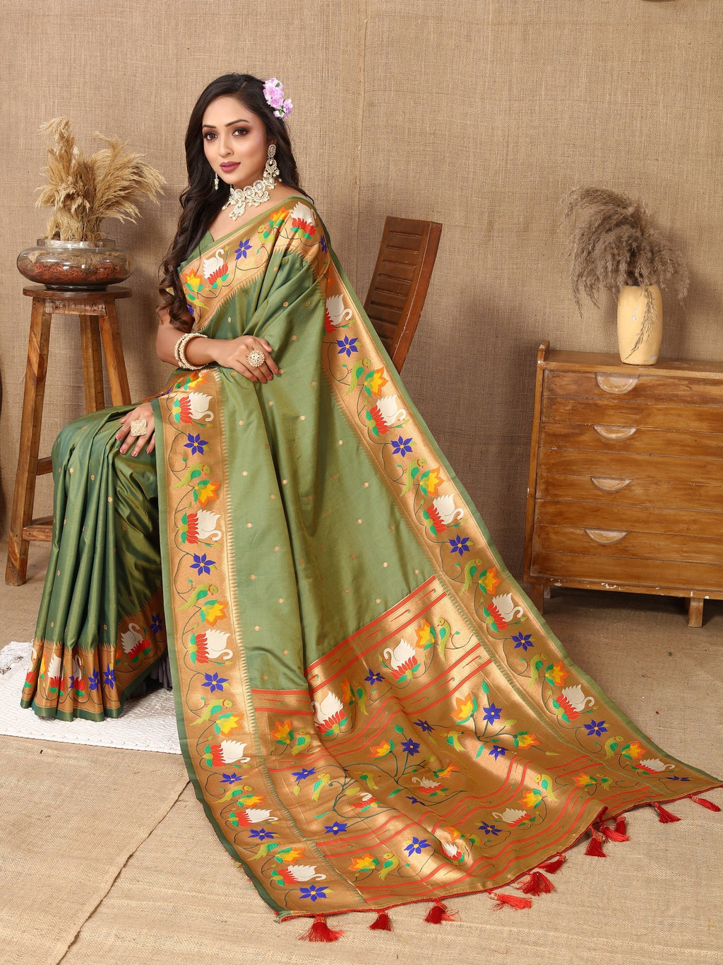 Vedant Vastram Mehndi Color Paithani Silk Saree - Mehndi