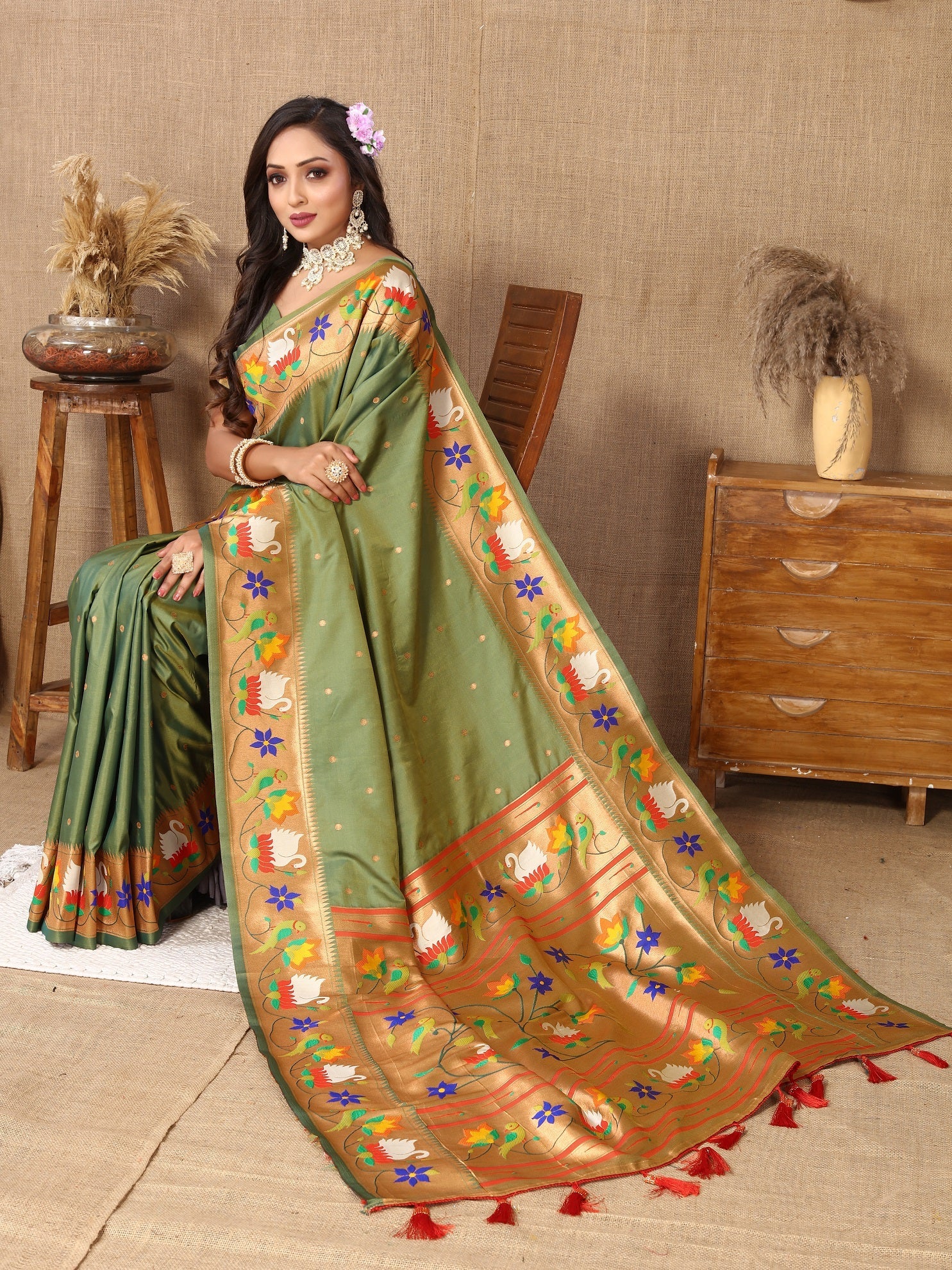 Vedant Vastram Mehndi Color Paithani Silk Saree - Mehndi