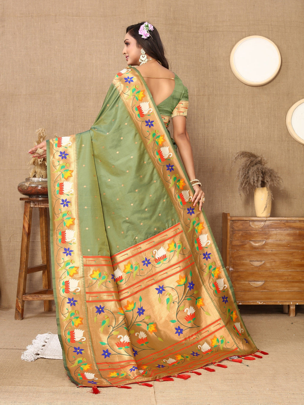 Vedant Vastram Mehndi Color Paithani Silk Saree - Mehndi
