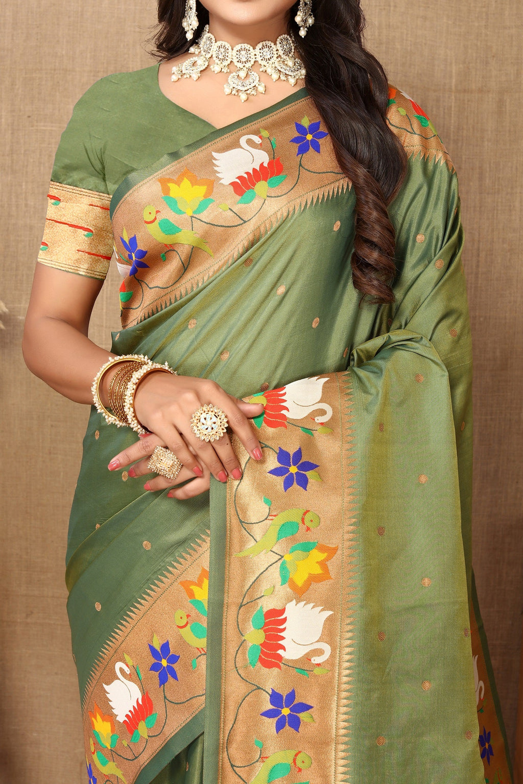 Vedant Vastram Mehndi Color Paithani Silk Saree - Mehndi