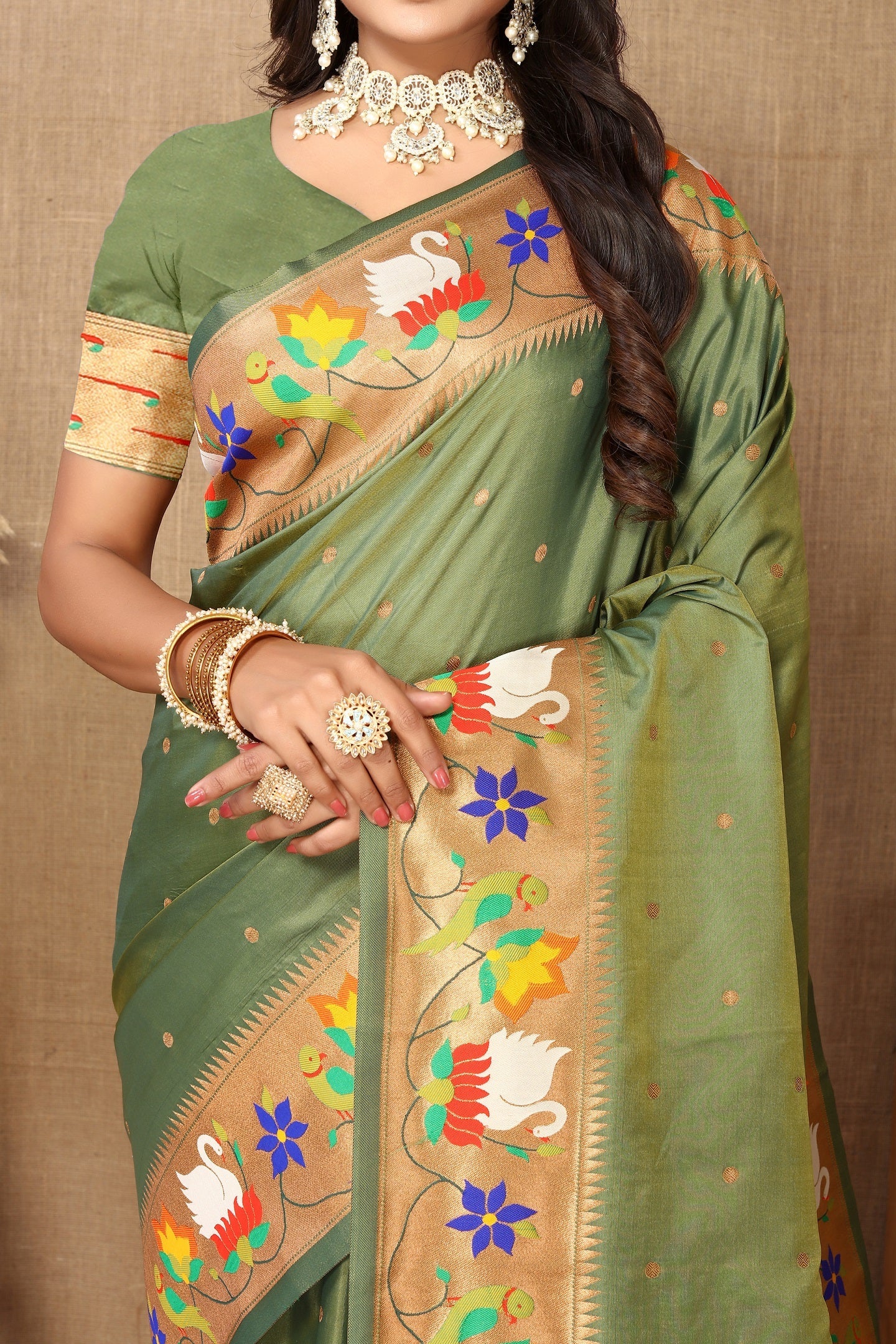 Vedant Vastram Mehndi Color Paithani Silk Saree - Mehndi