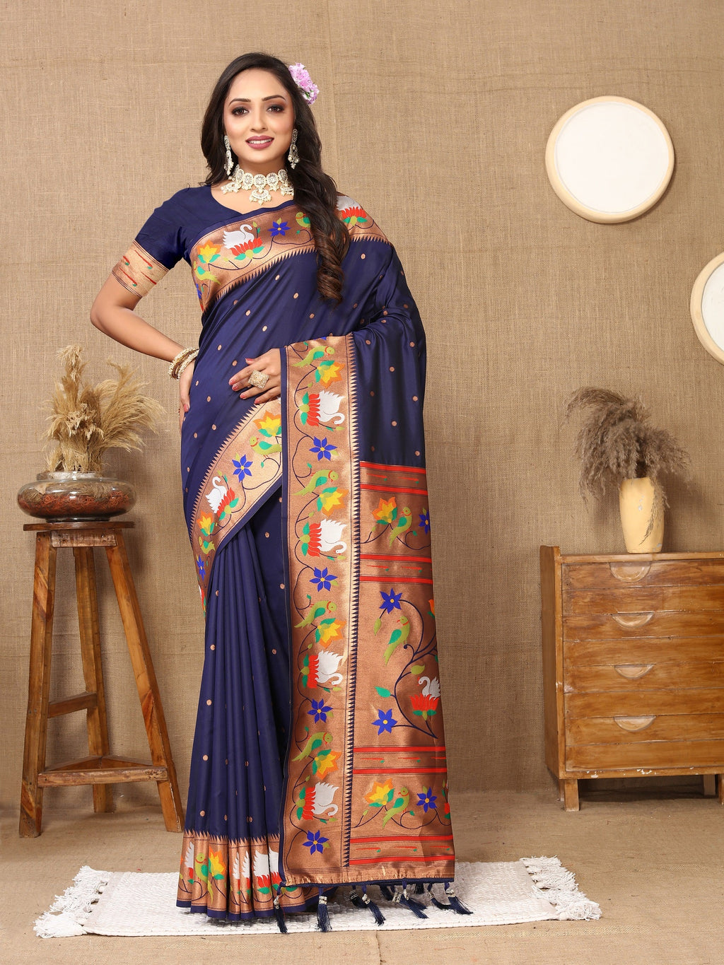 Vedant Vastram Navy Blue Color Paithani Silk Saree - Navy Blue