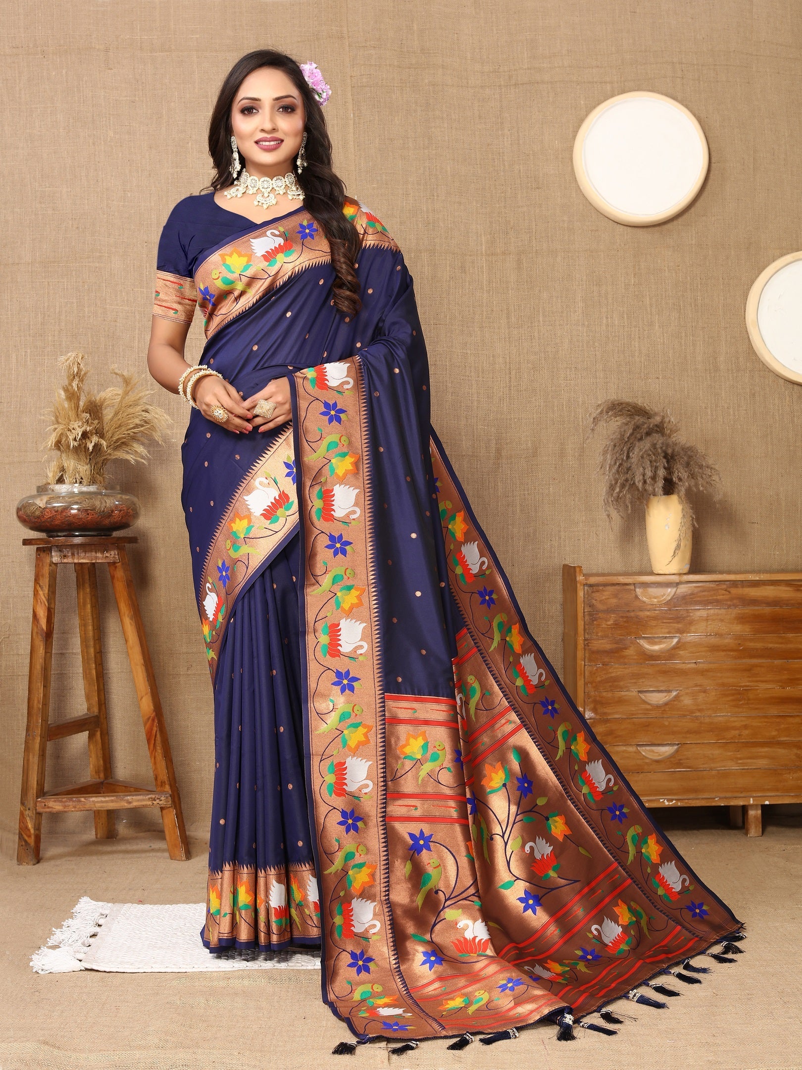 Vedant Vastram Navy Blue Color Paithani Silk Saree - Navy Blue