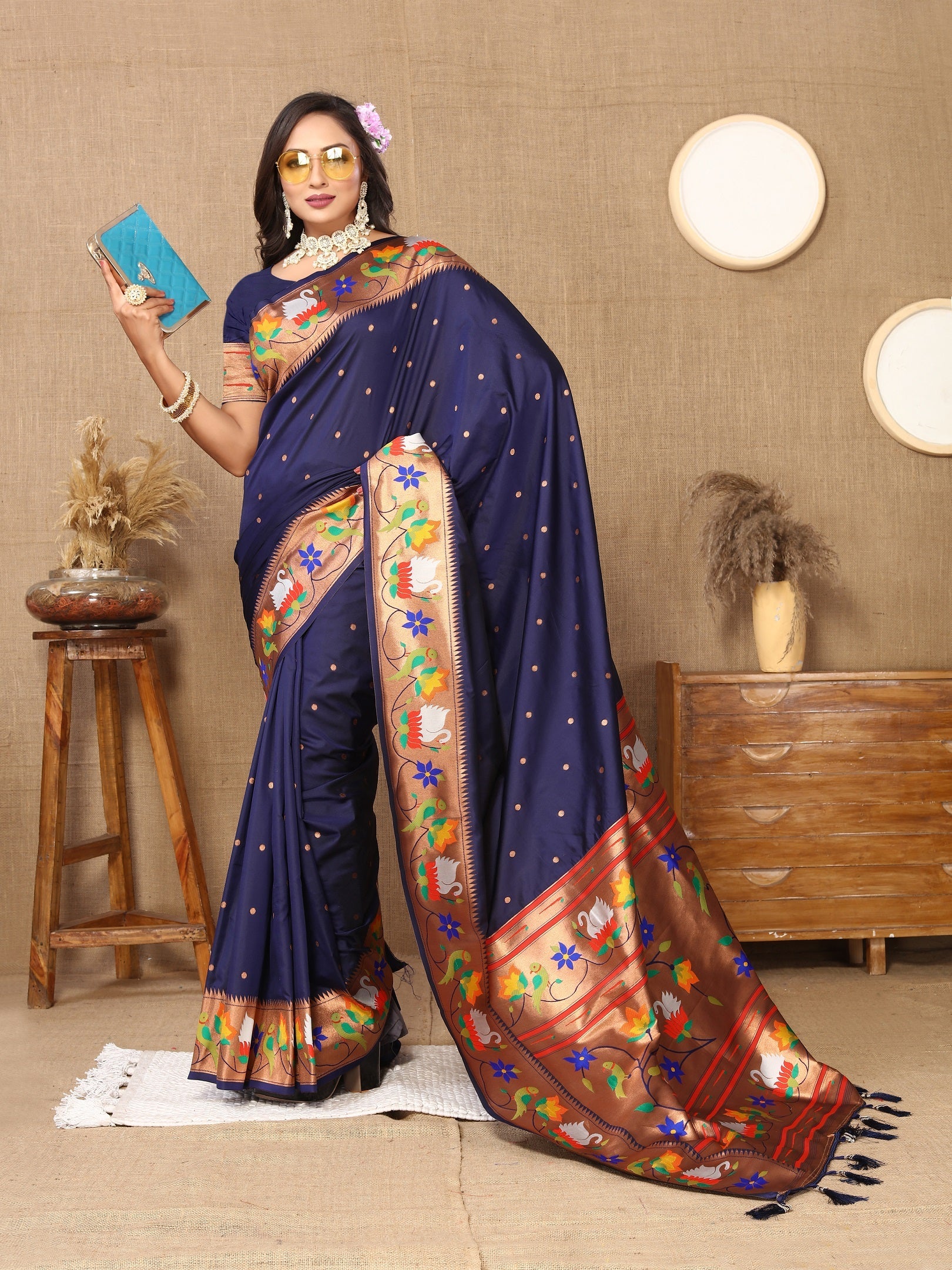 Vedant Vastram Navy Blue Color Paithani Silk Saree - Navy Blue